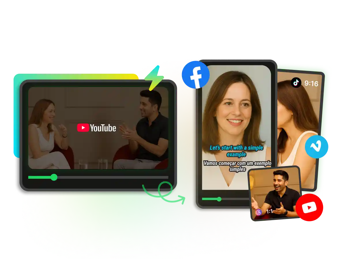 Creador de clips con IA que convierte automáticamente un podcast largo en varios vídeos cortos verticales en formato 9:16, optimizados para YouTube Shorts, TikTok, Instagram, LinkedIn y X.