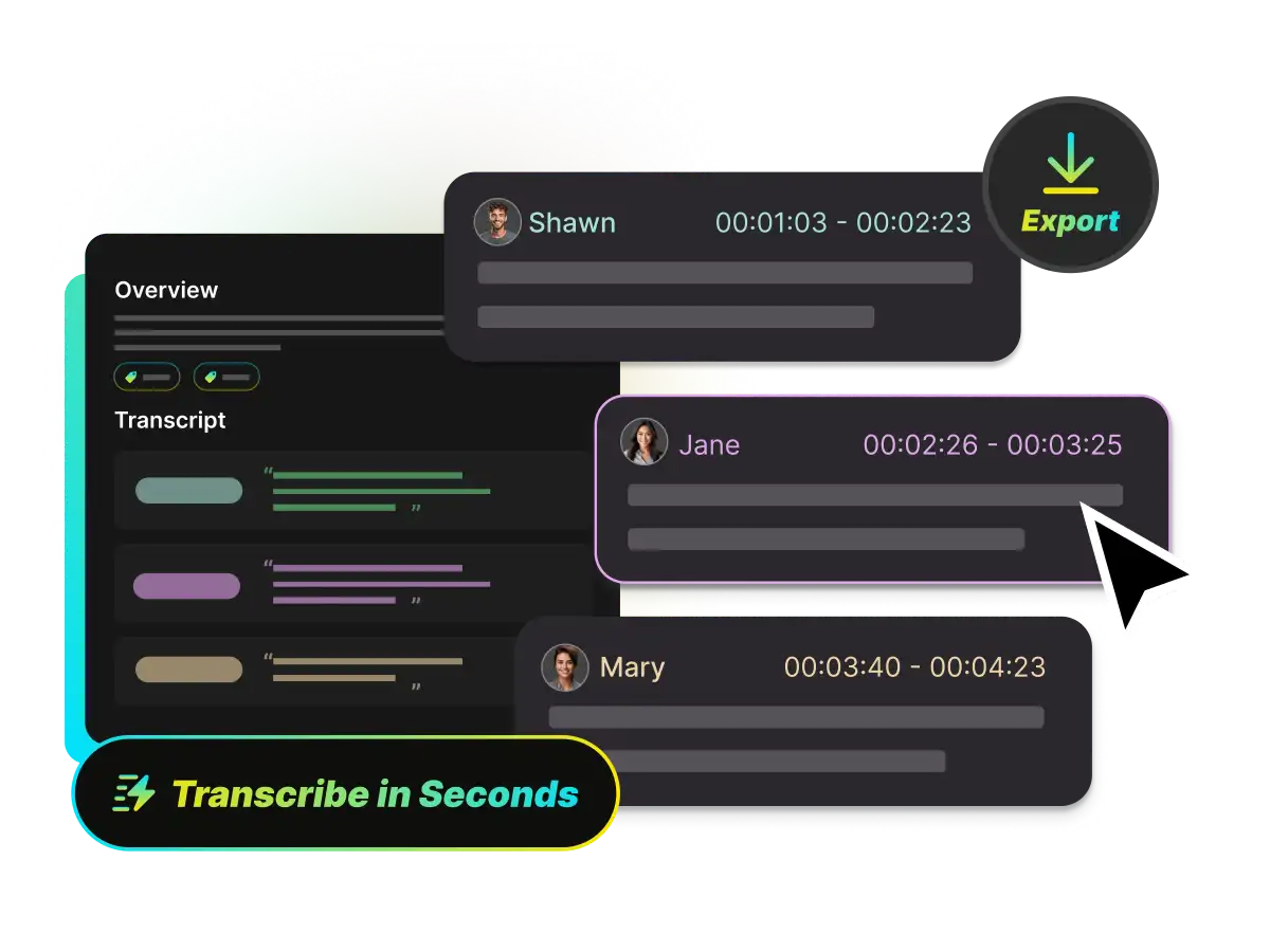 A visual interface showing a YouTube transcript being exported into various formats like SRT, VTT, and TXT.