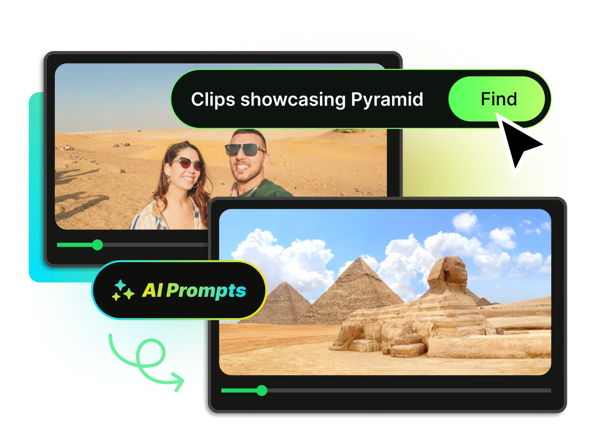 WayinVideo interface showing AI video search results with timestamped moments
