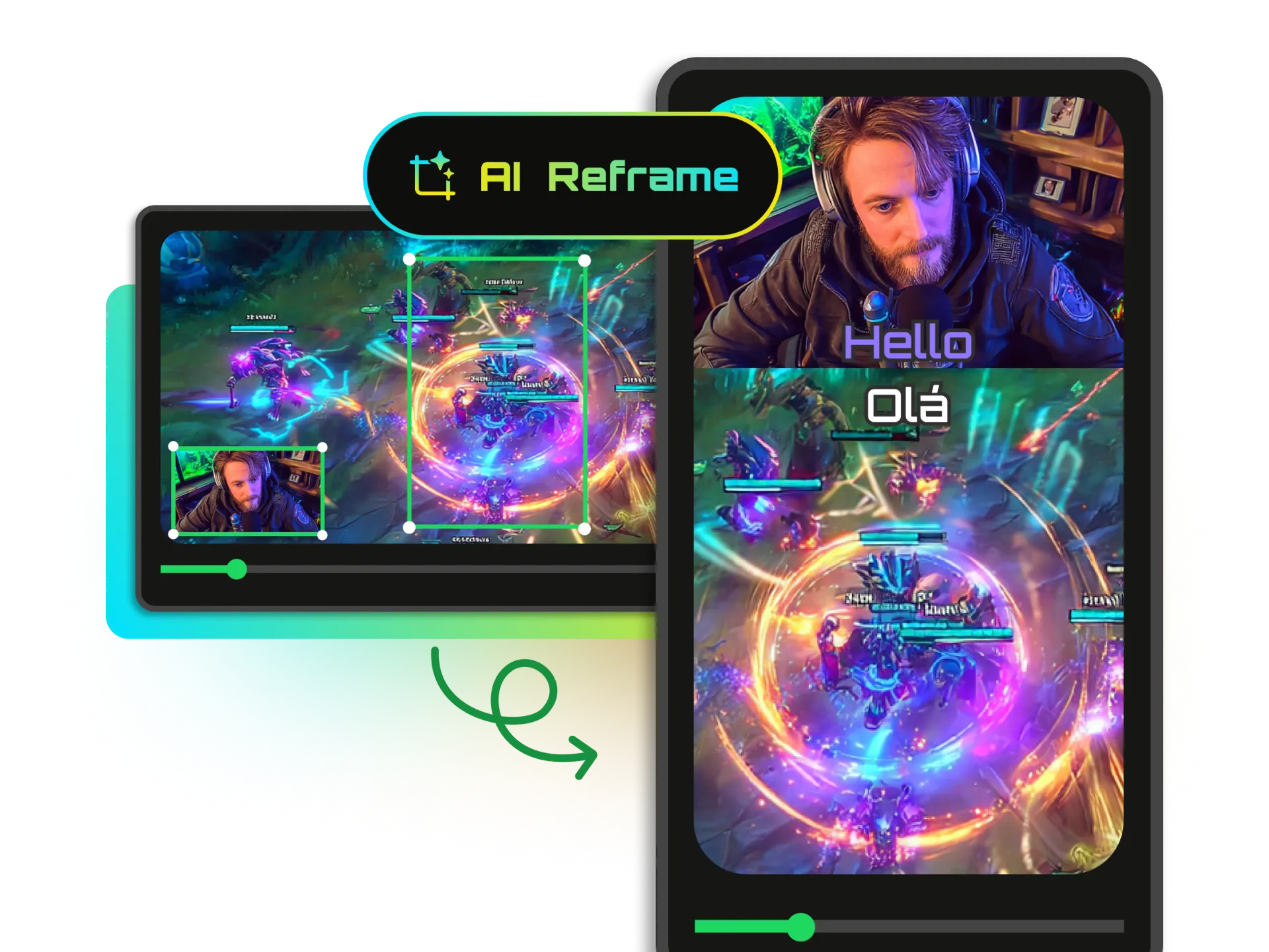 Vertical reframing showing gameplay and webcam in split-screen layout