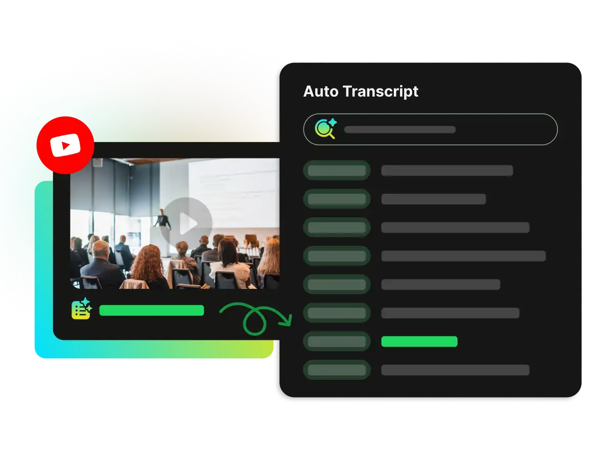 A search bar highlighting keywords within a video transcript next to interactive blue timestamps.