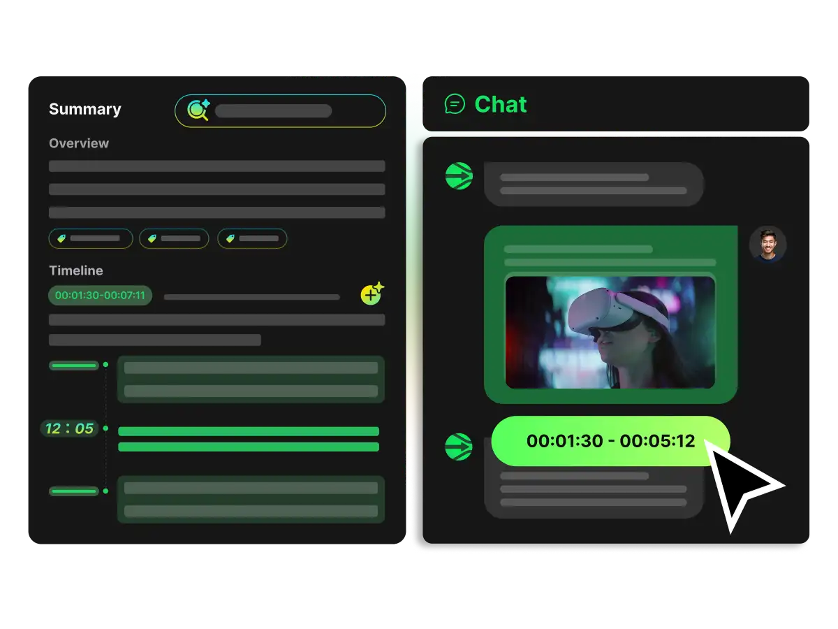 An AI dashboard featuring a video summary, key highlights, and a structured mind map based on the transcript.