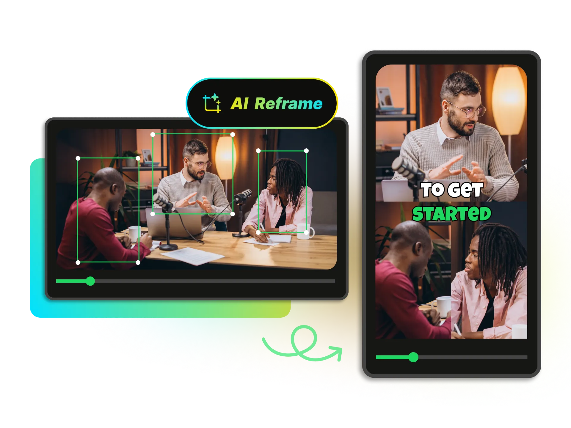 AI reframing demonstration showing intelligent cropping and layout adaptation