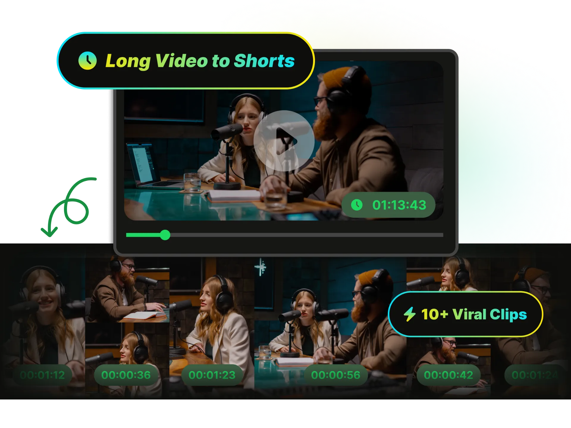 WayinVideo interface showing long video to short video conversion with viral-ranked clips