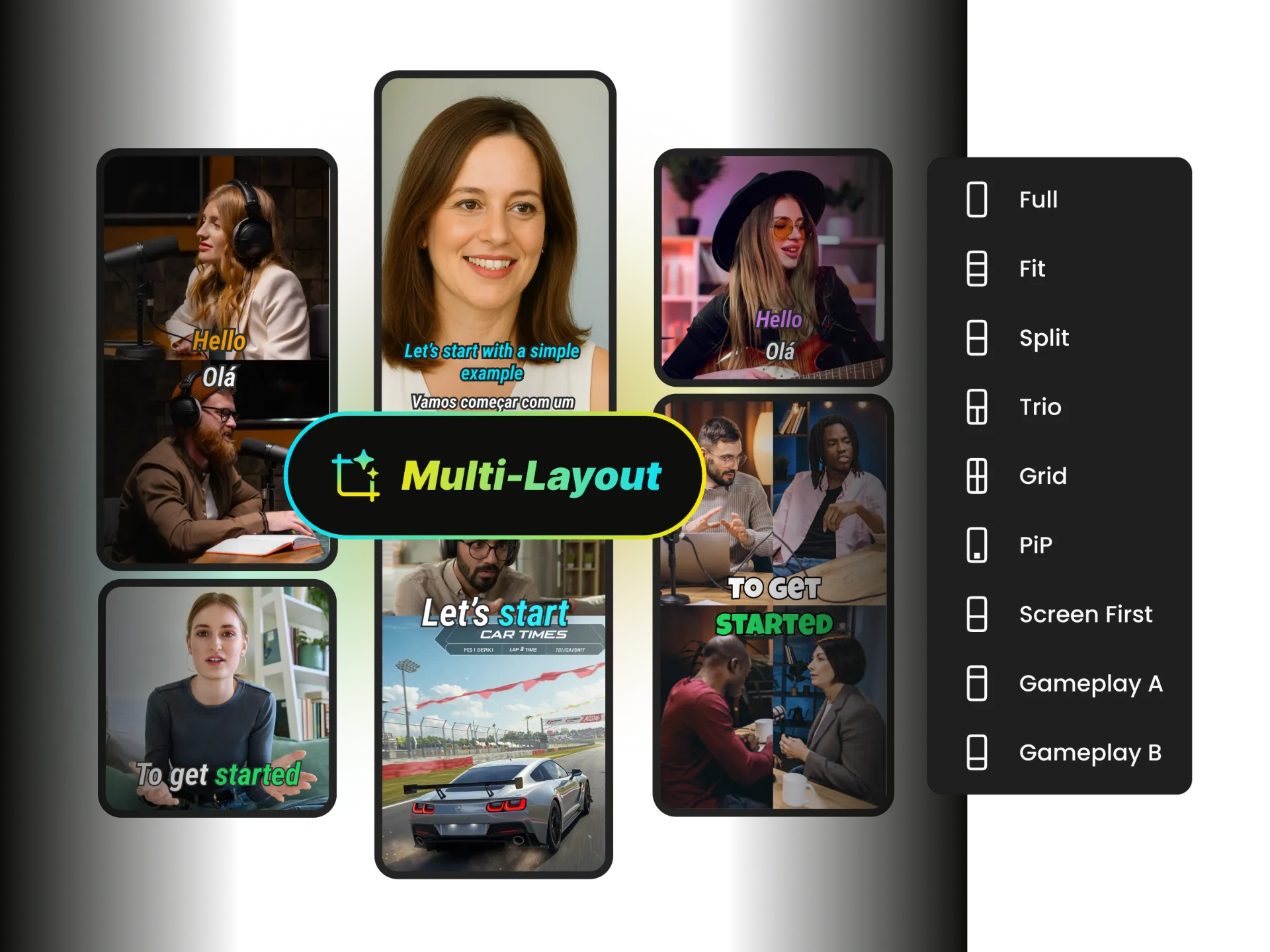WayinVideo interface demonstrating four layout modes: split-screen showing two speakers side-by-side, picture-in-picture with gameplay and webcam, 3-screen panel discussion layout, and 4-screen podcast arrangement