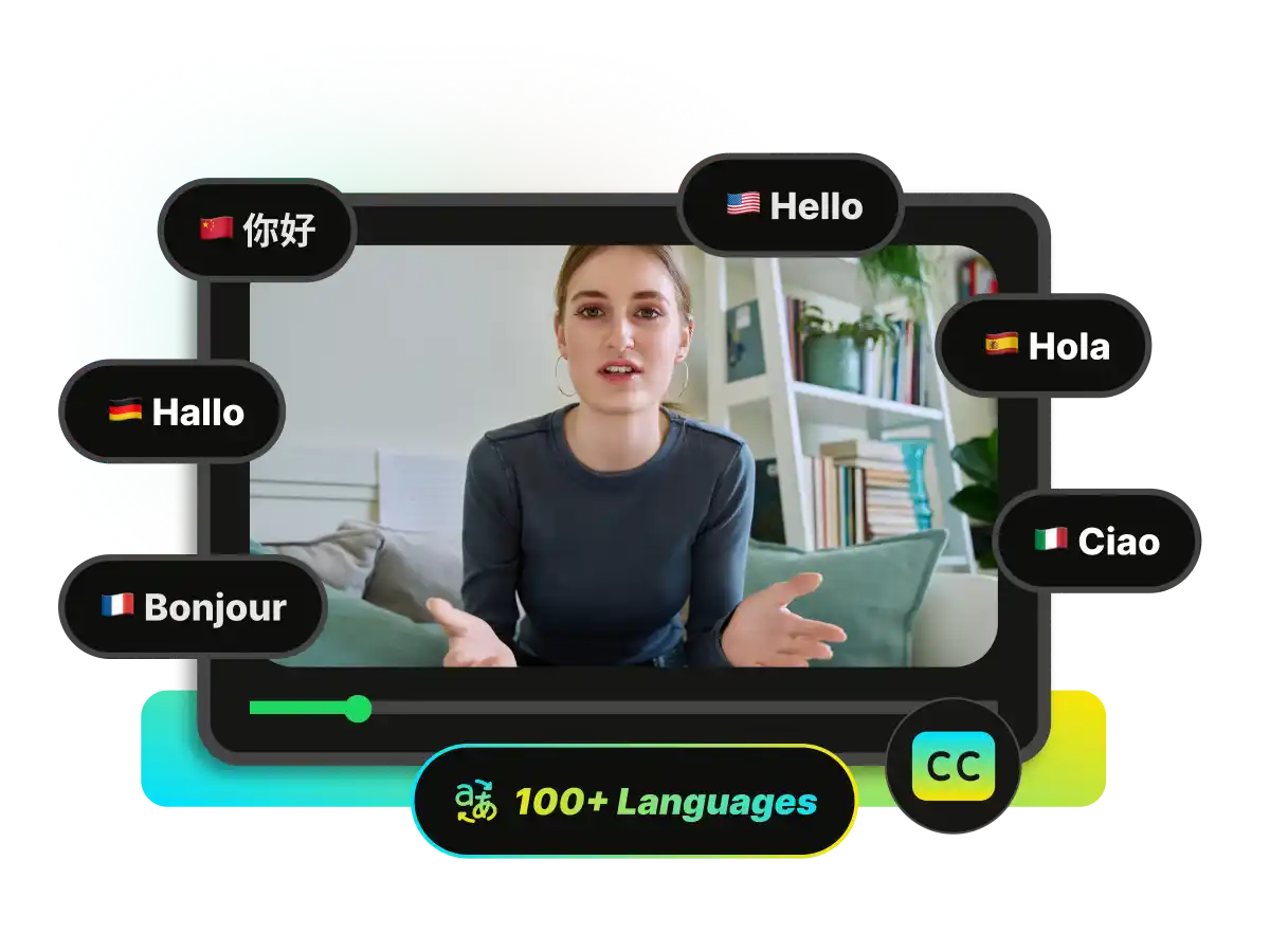 Alat penerjemah video AI WayinVideo menampilkan seorang wanita berbicara, gelembung bahasa termasuk 'Hello', 'Hola', 'Bonjour', dan lencana '100+ Bahasa'.