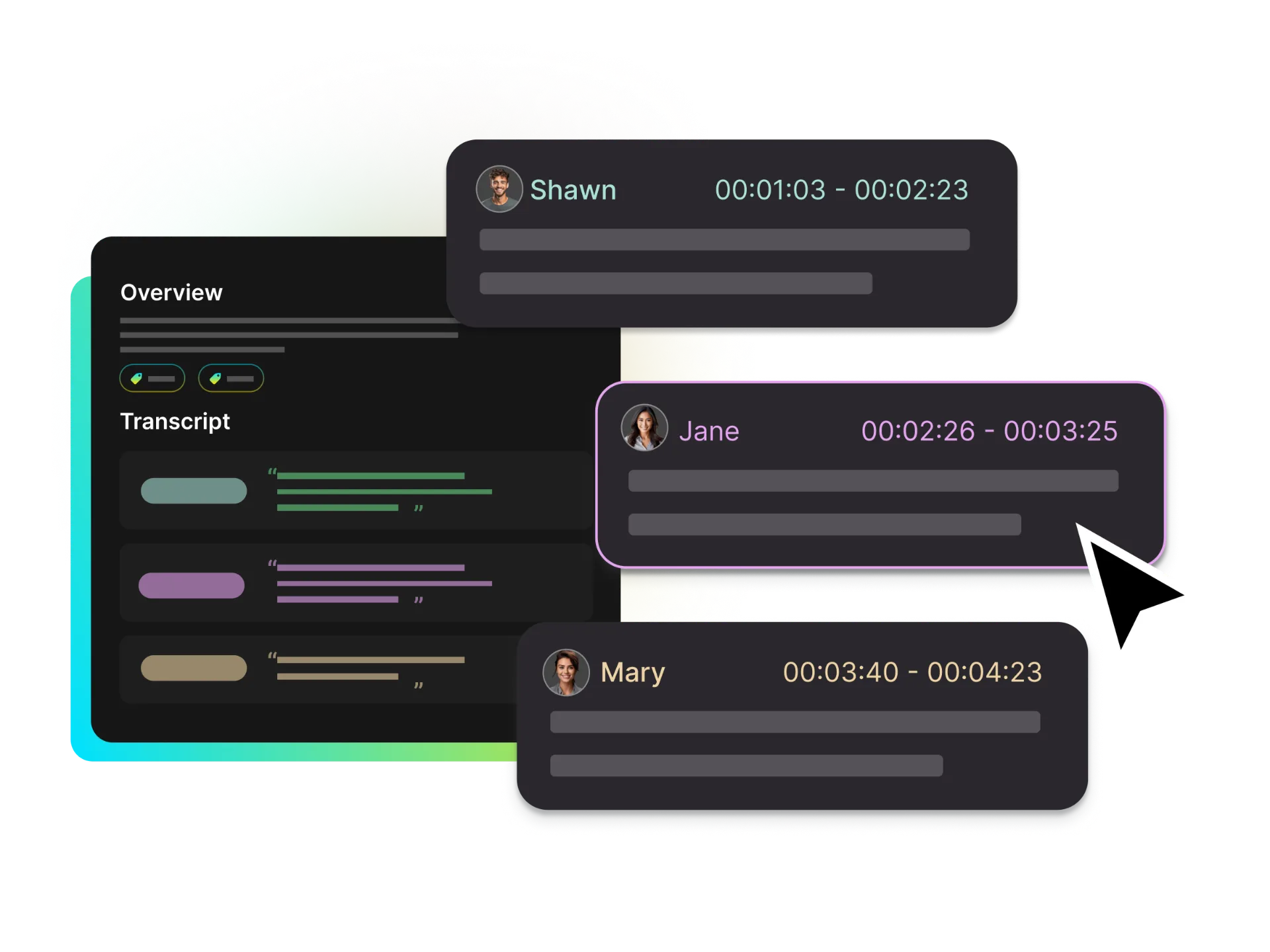 Speaker identification interface showing different speakers labeled in transcript