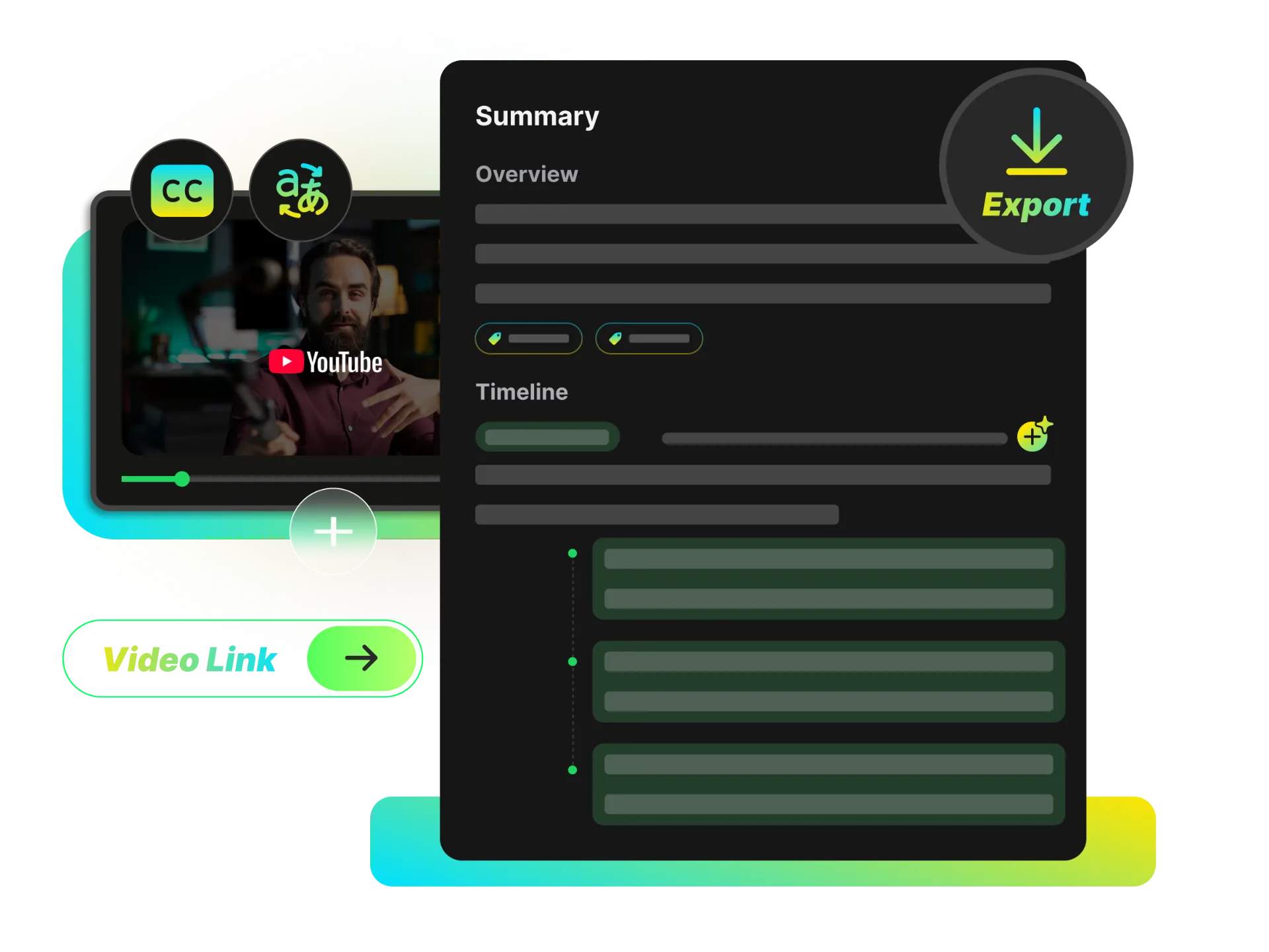 Export options showing TXT and SRT formats with metadata preview