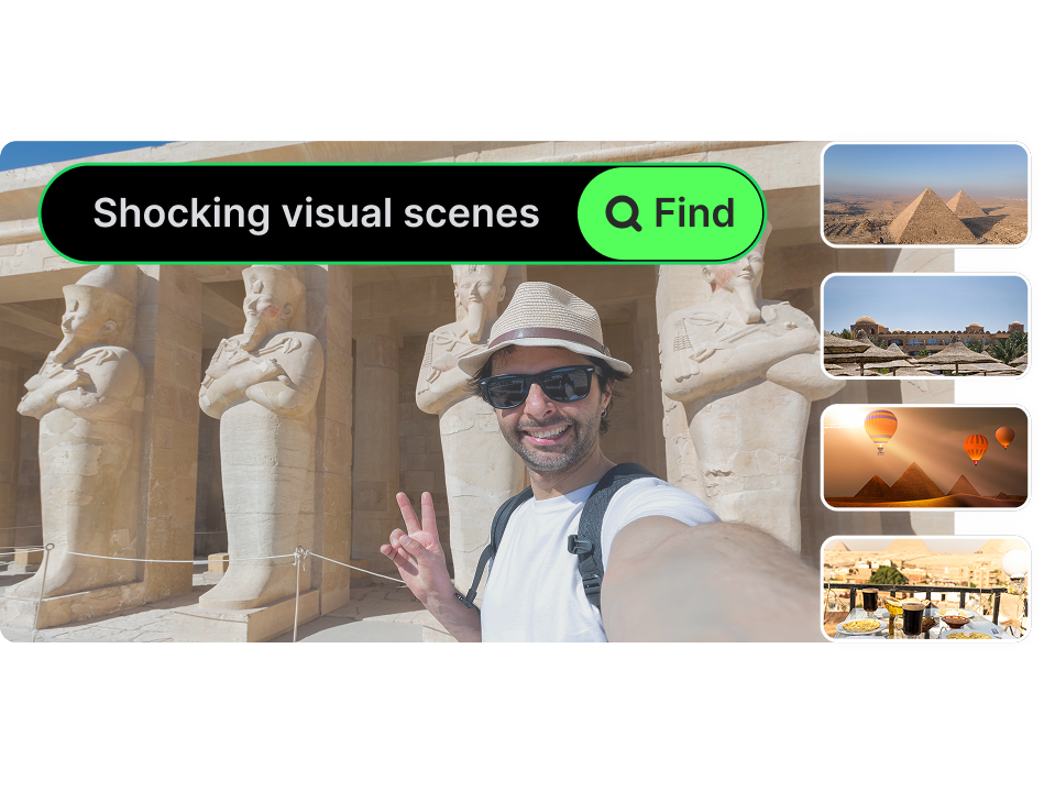 Quickly find any moment in long videos with text. Supports all kinds of videos and footage, such as movies, gaming, podcasts, tutorials, news, vlogs, and so on. Works with any quality, any length, and with or without audio.
