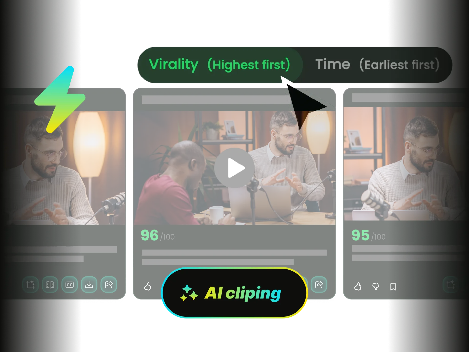 Performance intelligence dashboard showing AI-ranked clips with engagement prediction scores and optimization suggestions