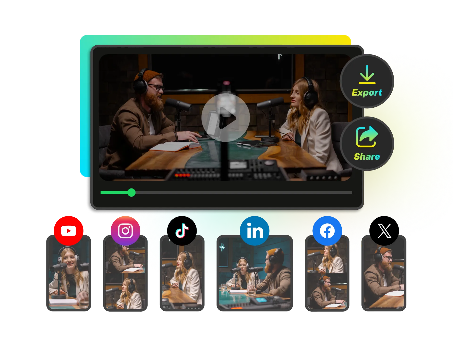 Submit a video to add subtitles, emojis, headlines, backgrounds, logos, and outros. Customize with your templates for consistent branding and automatically adjust aspect ratios for different platforms.