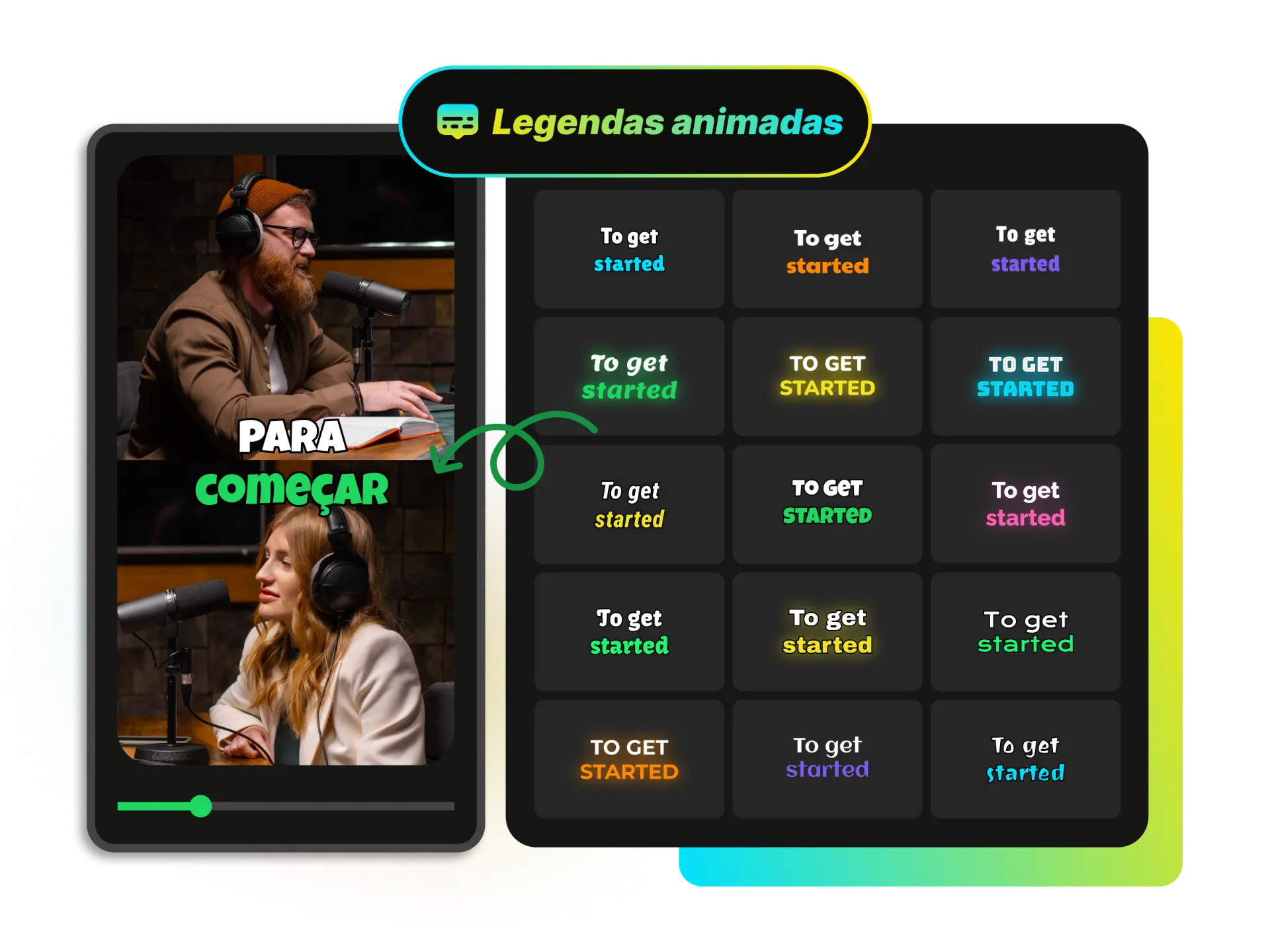 Editor de legendas com opções de fonte e cor abertas, prévia no vídeo