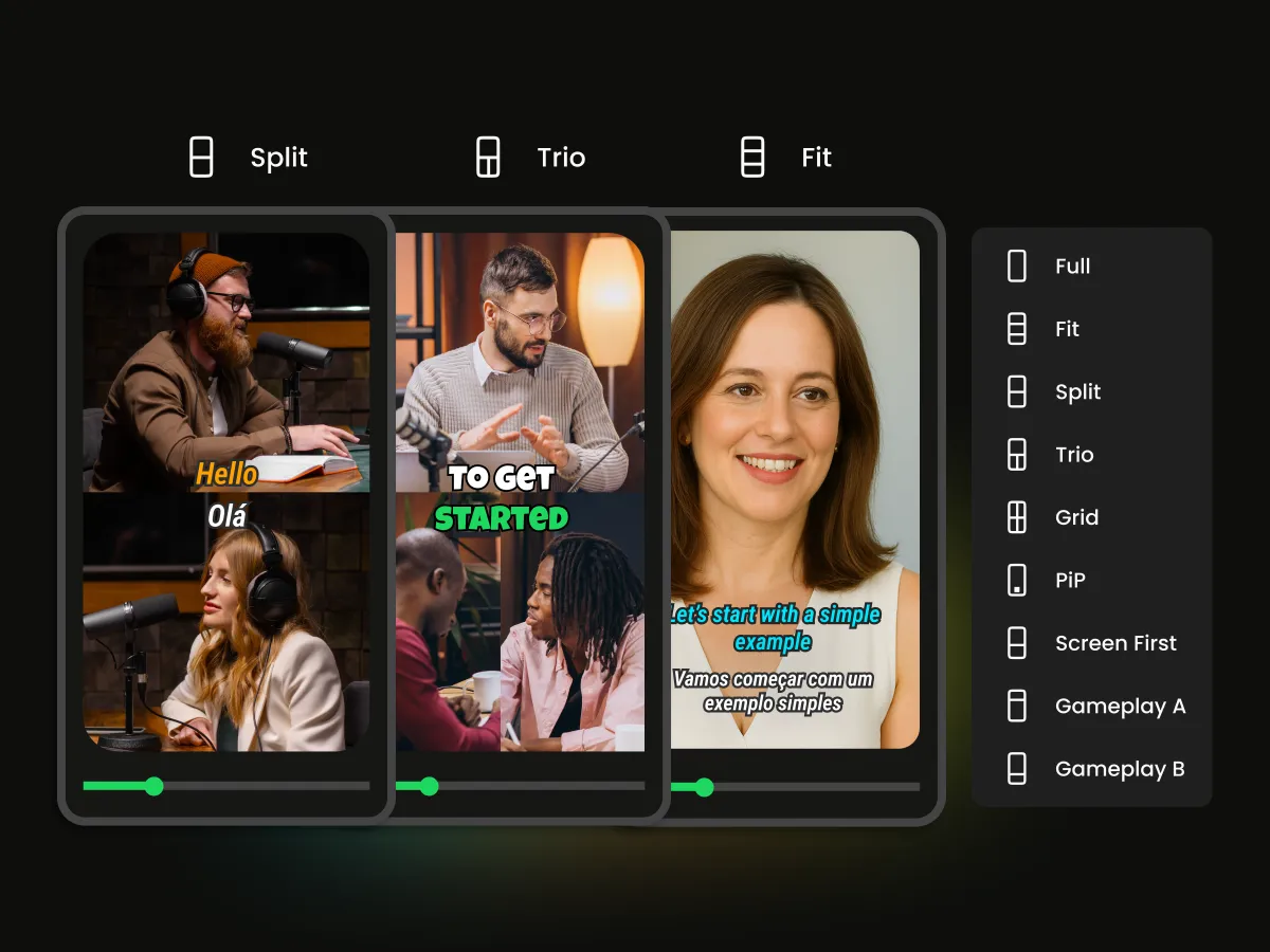 Multiple layout options showing different ways AI can arrange subjects in reframed videos.