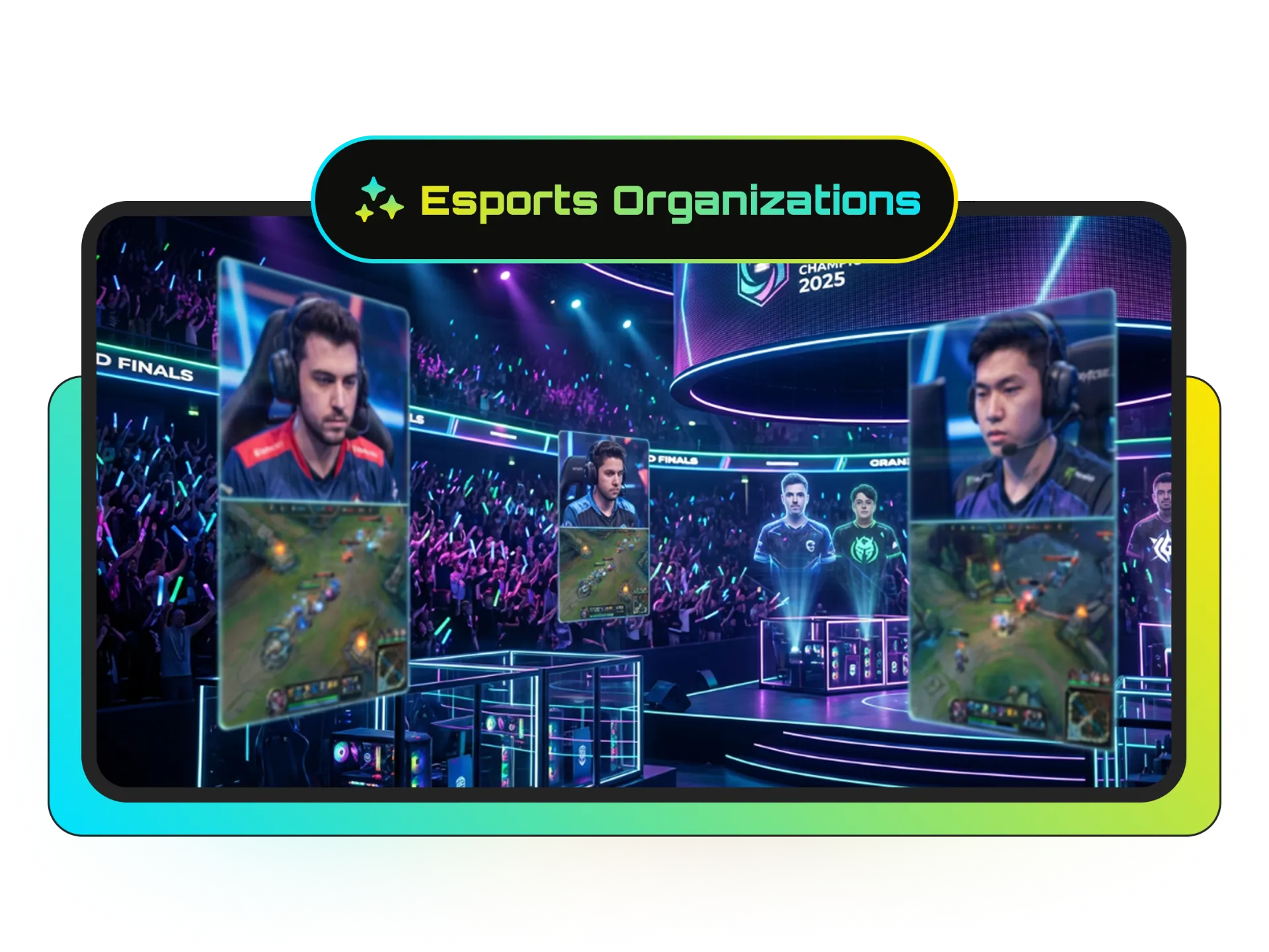 Esports organization dashboard with player highlights
