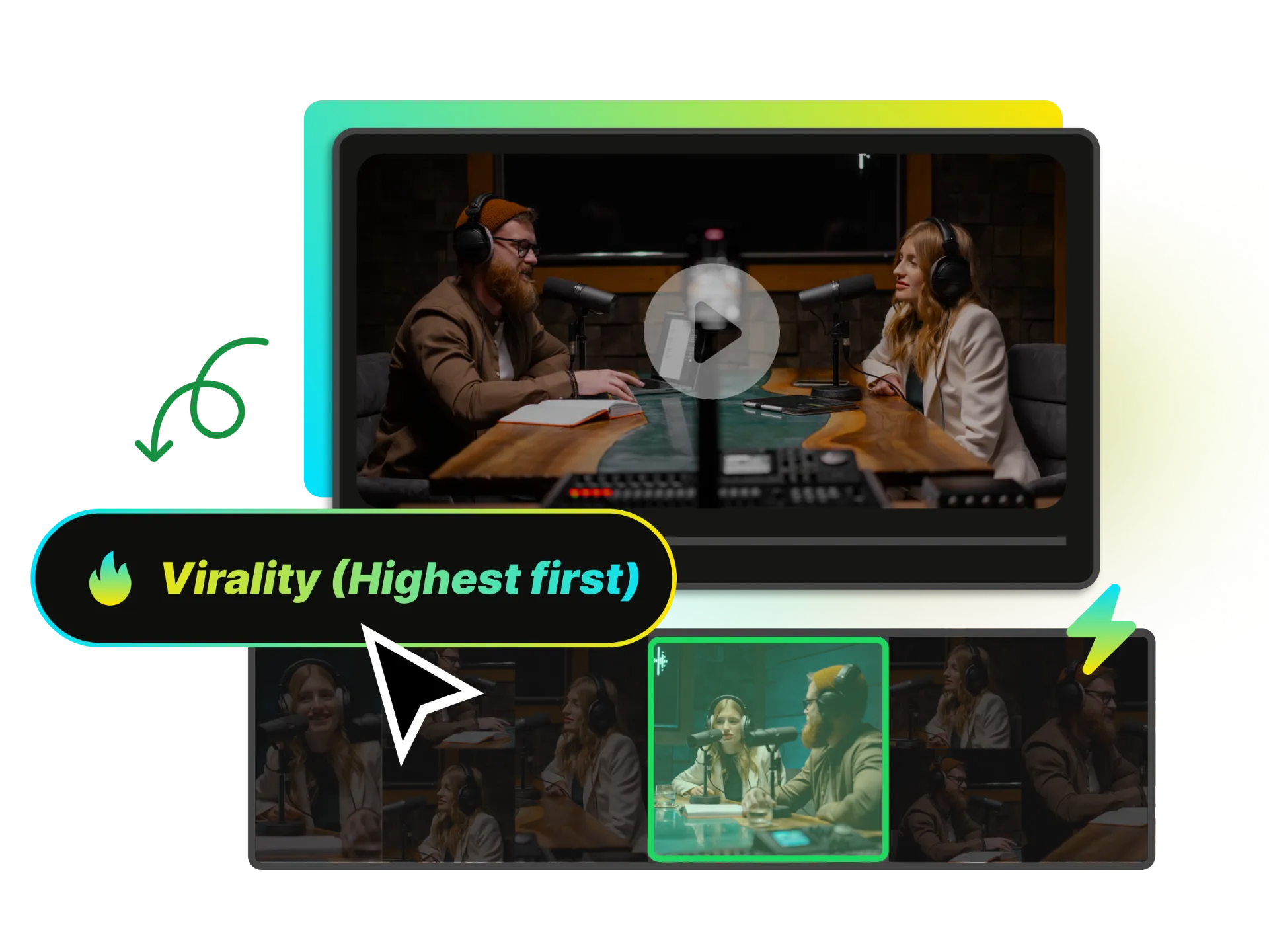 YouTube Shorts interface with sort-by-virality button that reorders clips from highest to lowest engagement potential