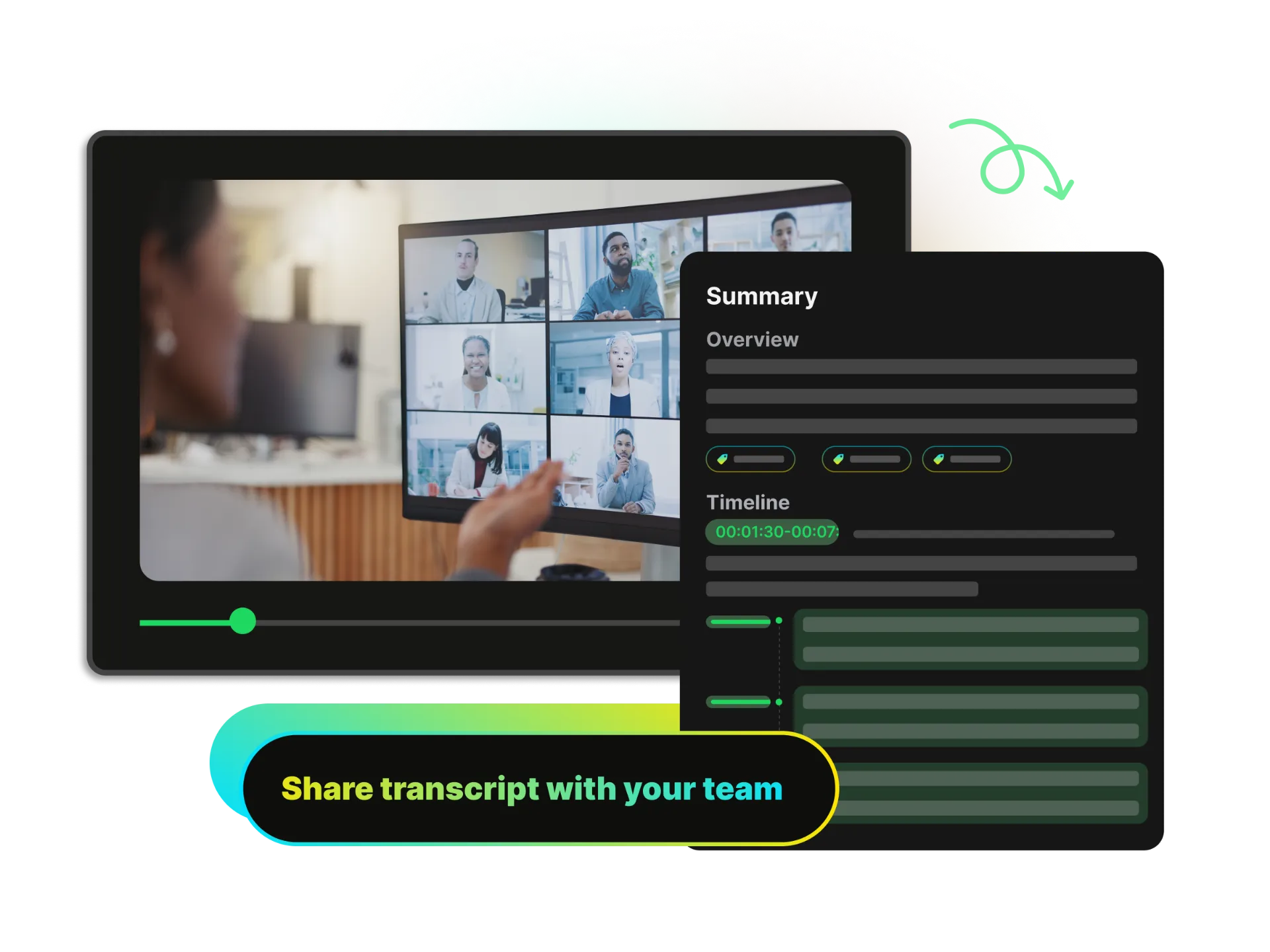 Business meeting interface with transcript showing action items and decisions