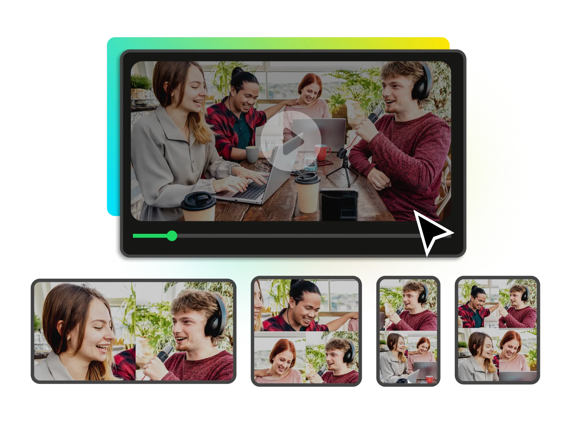 Multi-person interview with AI automatically reframing and framing each speaker as they talk.