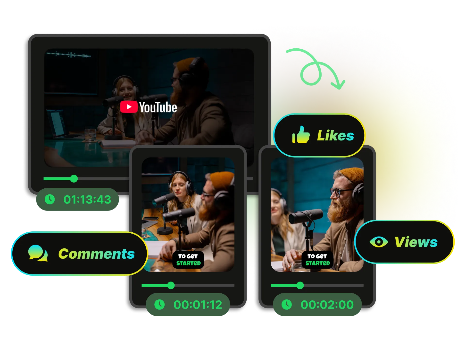Long horizontal video automatically converted into engaging vertical shorts with captions and engagement indicators.