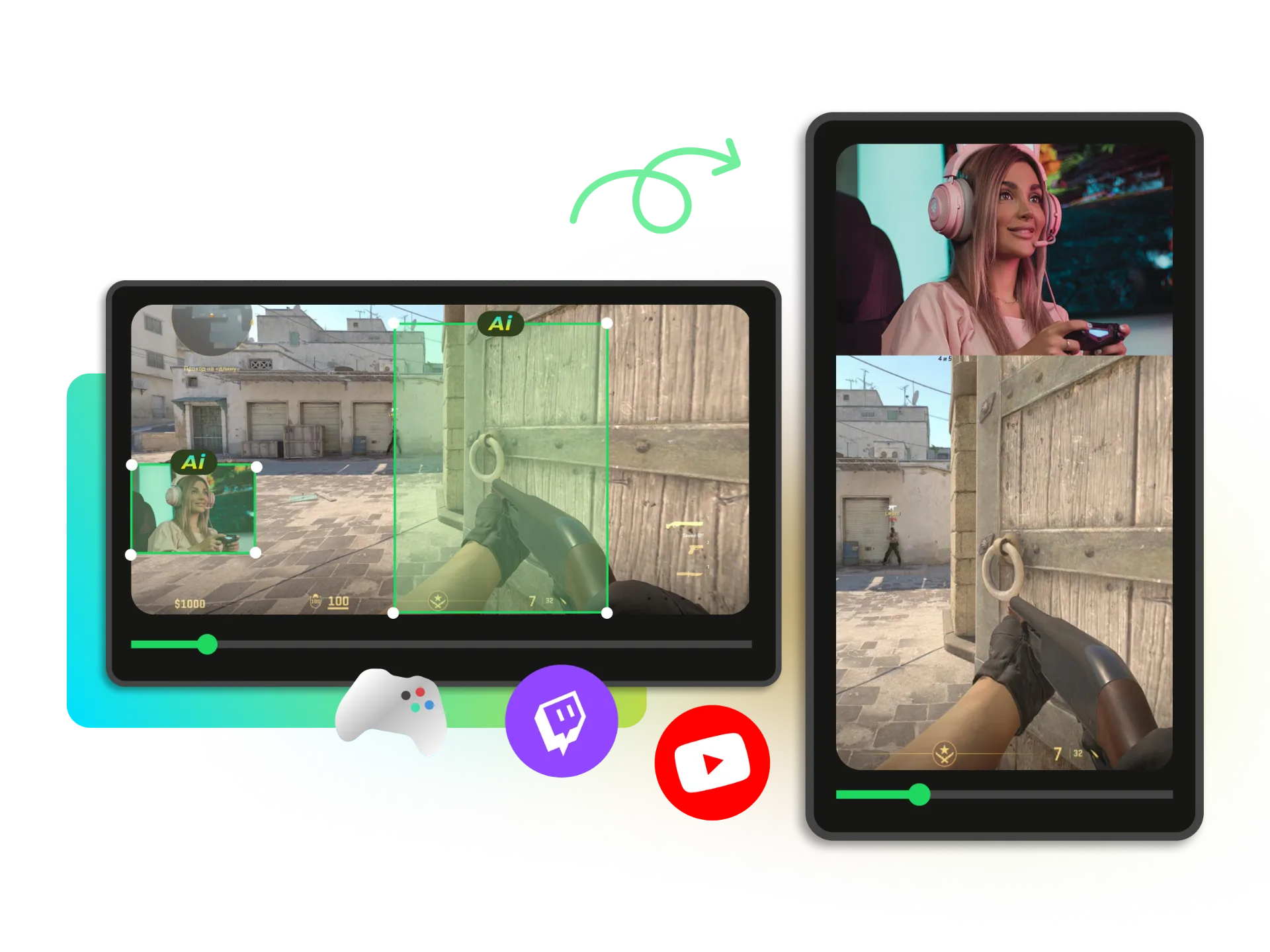 Gaming stream split layout with streamer facecam on top and gameplay below, optimized for mobile viewing.