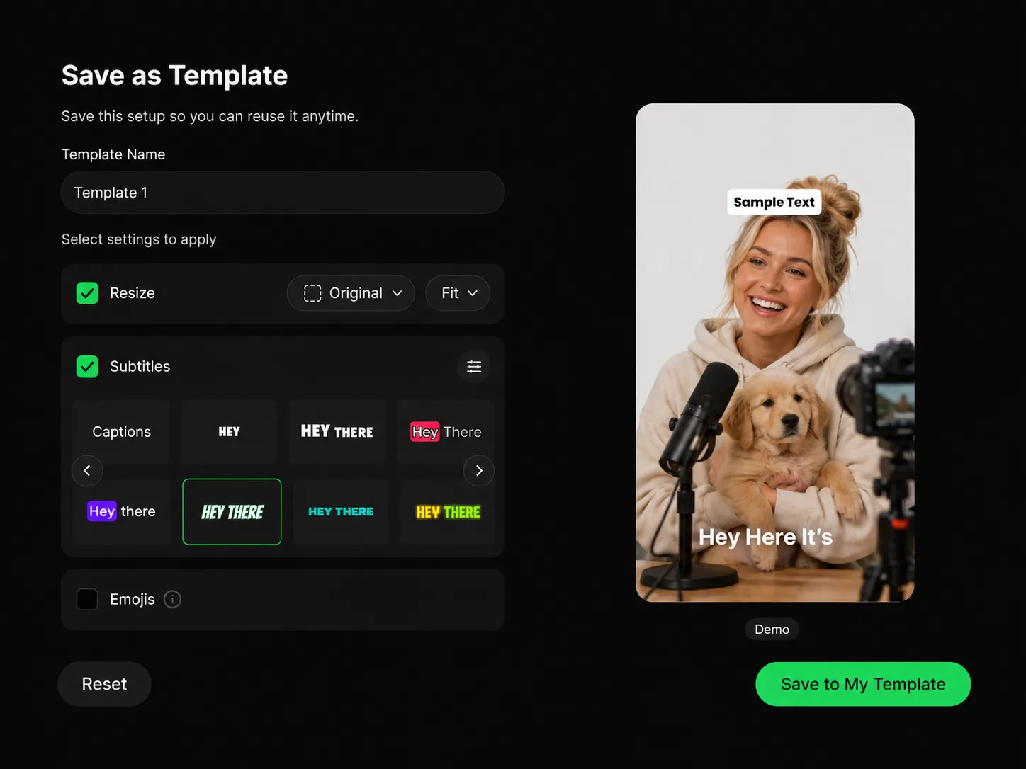High-res video export and template saving options powered by AI hook system.