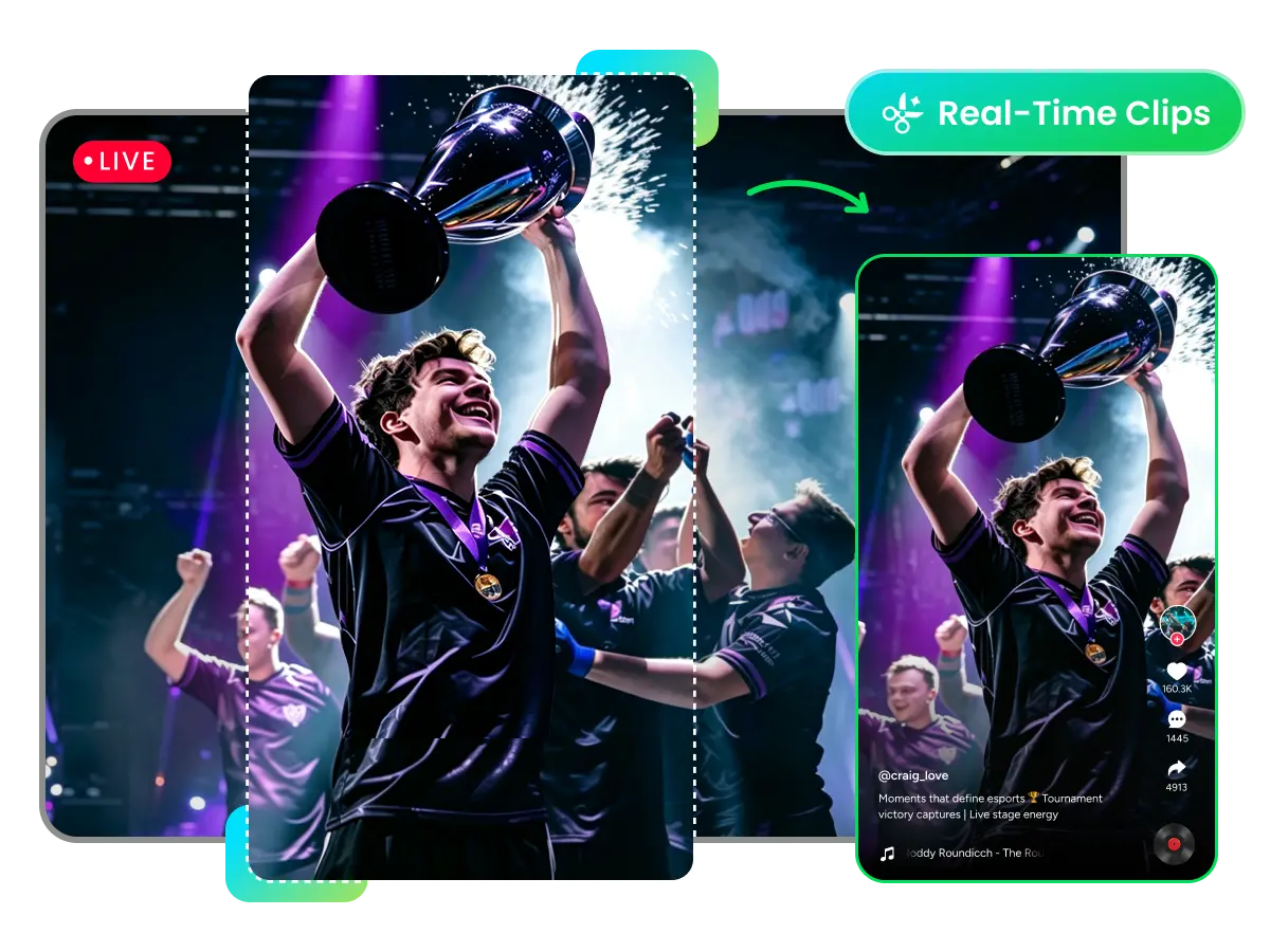 Live esports match and clock beside an earlier play, now a captioned, branded vertical clip in the publishing interface.