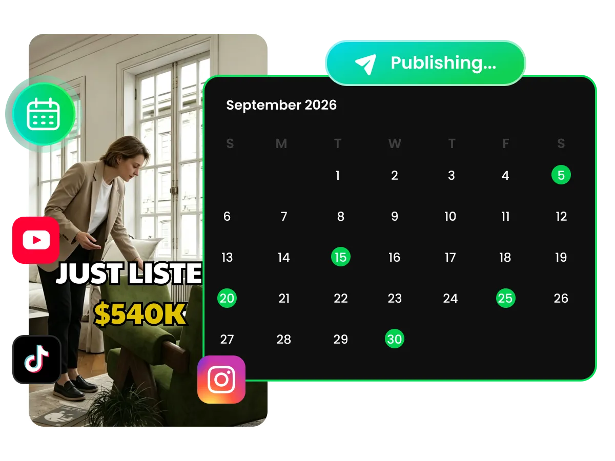 Real estate video clips scheduled to TikTok, Instagram and YouTube with auto-filled descriptions and hashtags
