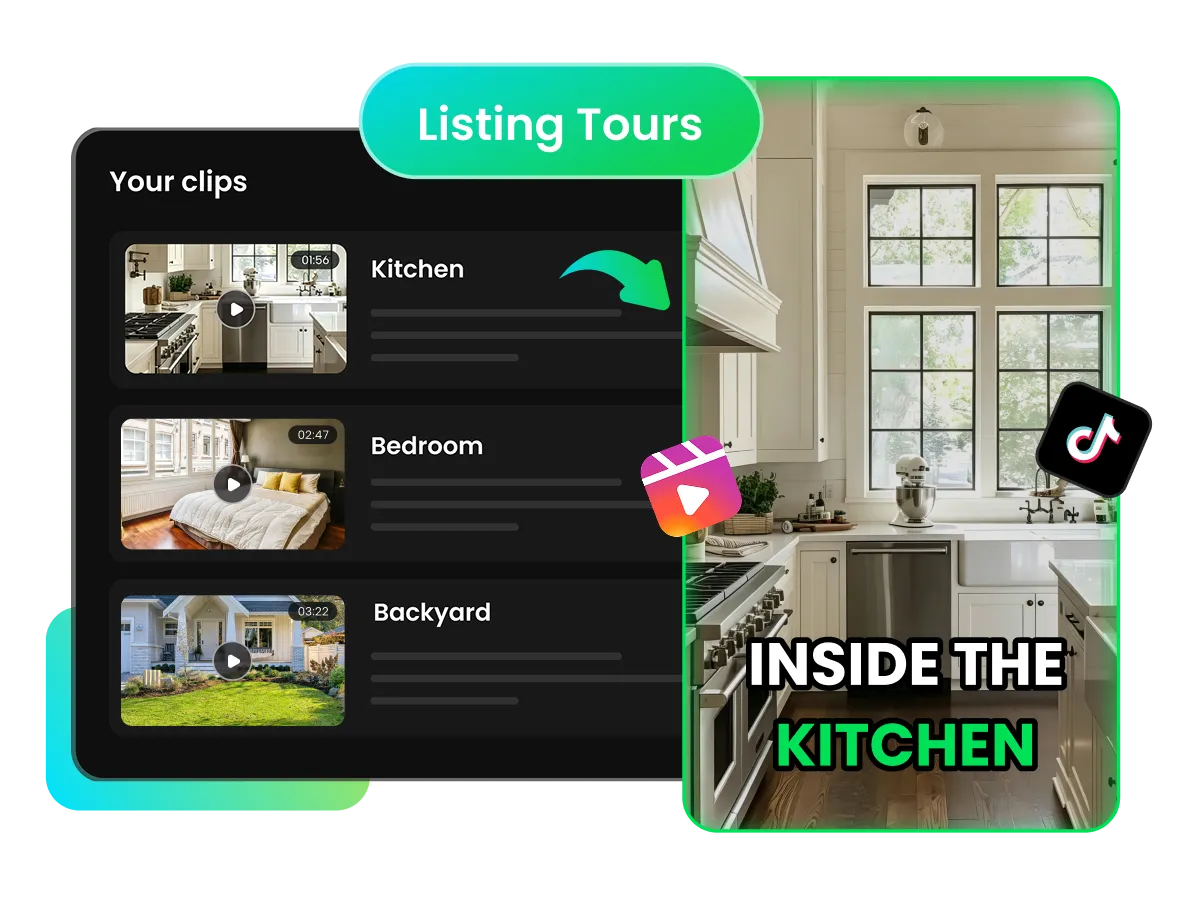 AI clipping a real estate listing tour video into vertical Reels