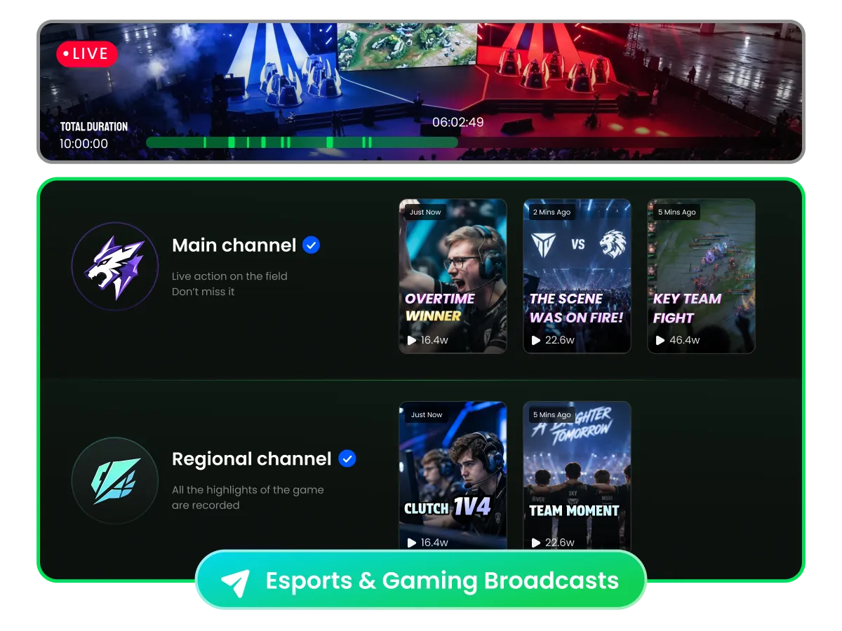 10-hour esports tournament with clips ready for official and supporting social channels while the match clock keeps running.