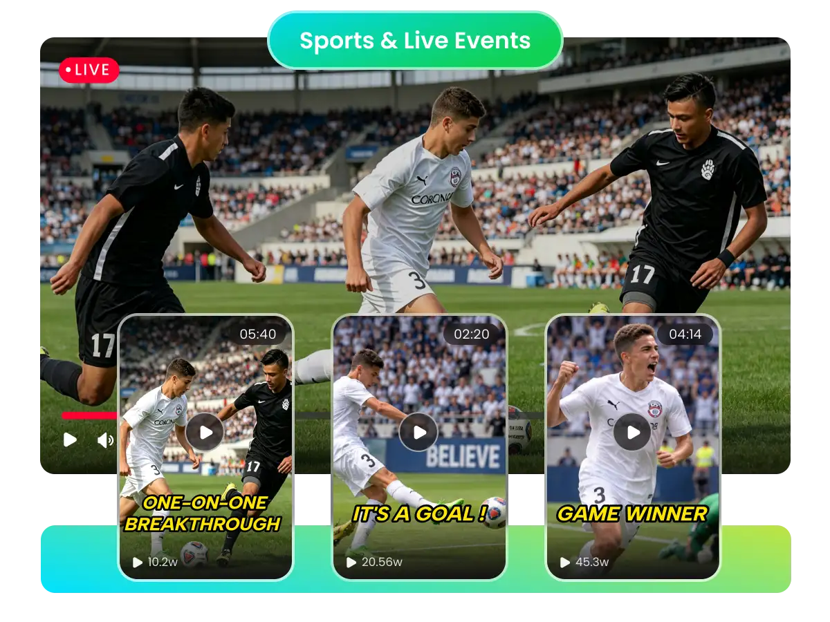 Game-winning sports play and headline stage performance packaged as social-ready clips while both events continue.
