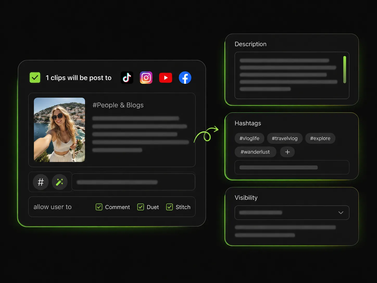 Social post settings panel in AI hook generator video for optimizing titles, hashtags, and thumbnails.