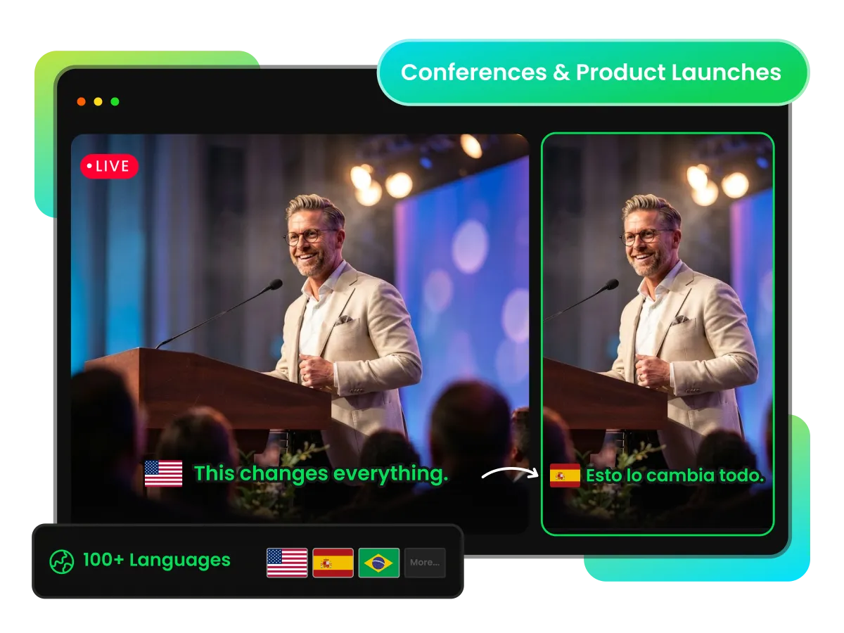A conference keynote and panel shown as captioned clips in multiple languages while the live program continues.