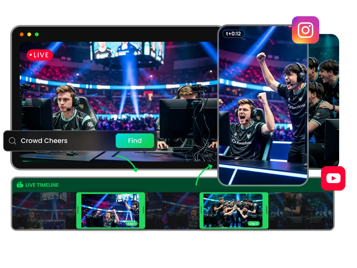 WayinVideo AI marks a publishable highlight on the live stream timeline while the broadcast continues in the preview.