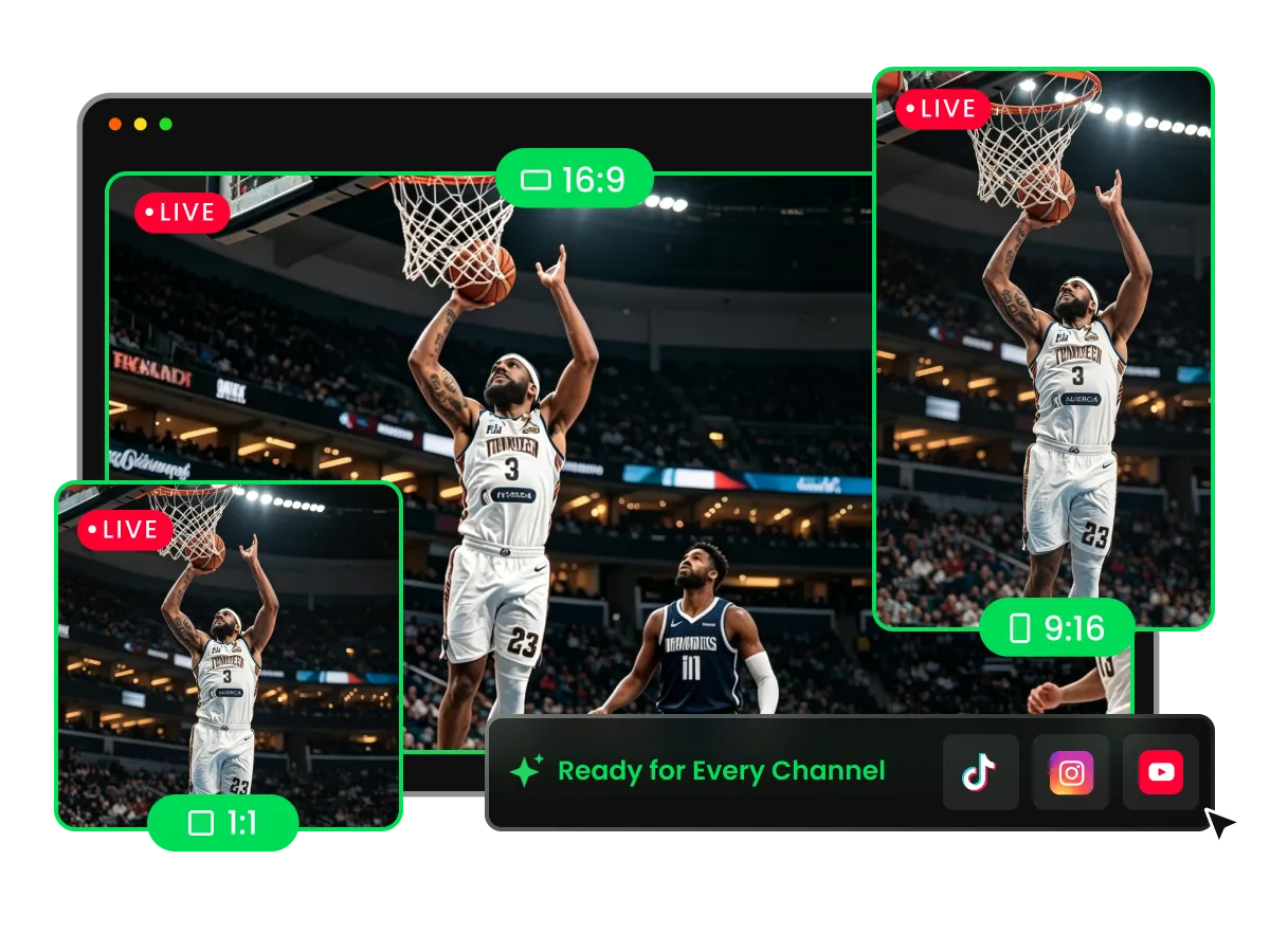 WayinVideo AI Reframing shows one live highlight in vertical, square, and landscape layouts with the key subject centered.