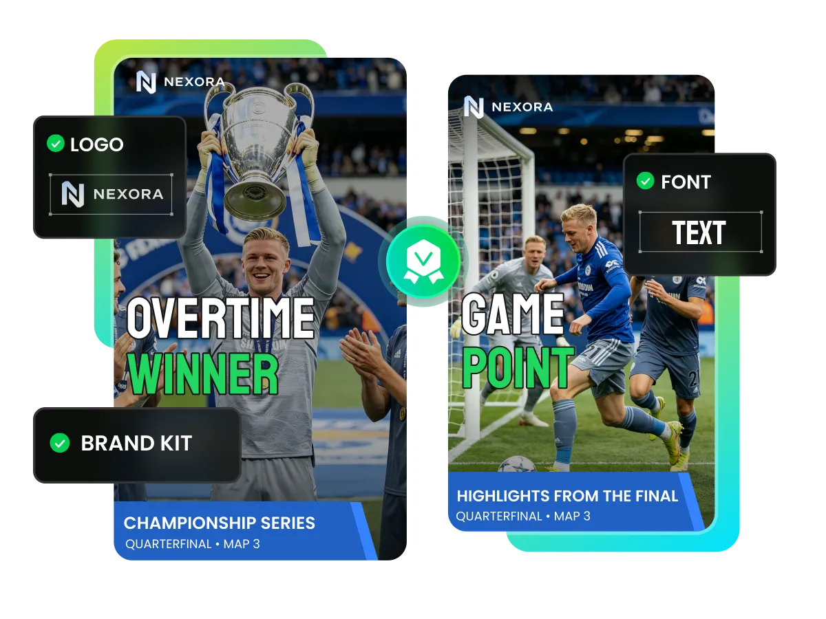 Live clips in custom layouts with consistent colors, typography, and branded graphics across social versions.