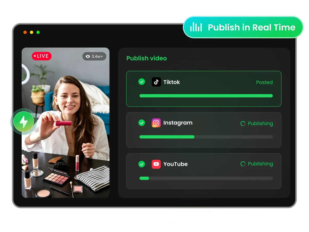 Finished live highlight in WayinVideo with TikTok, Instagram, and YouTube selected as direct publishing destinations.