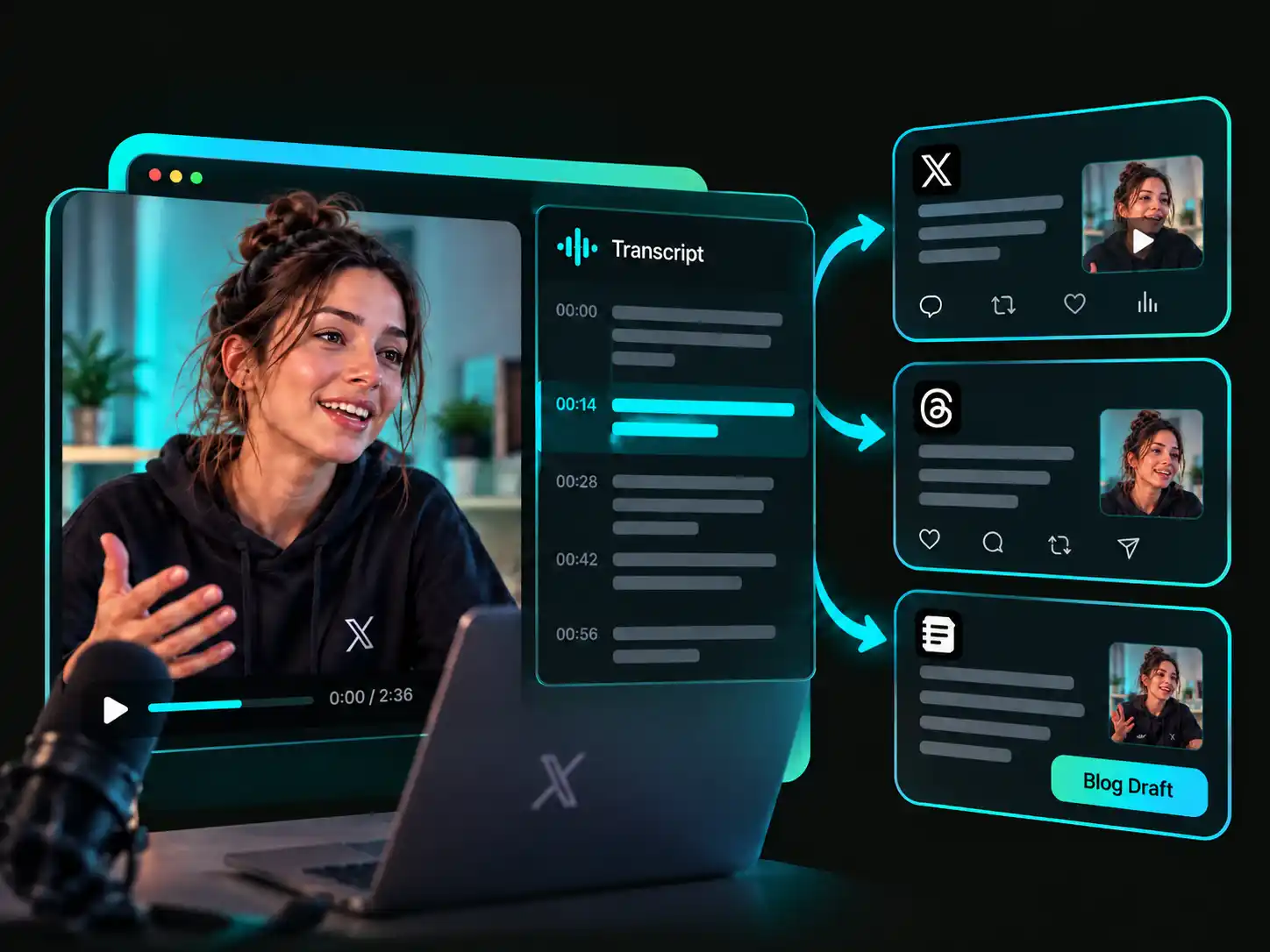 Creator using a Twitter video transcript as the starting point for a social post.