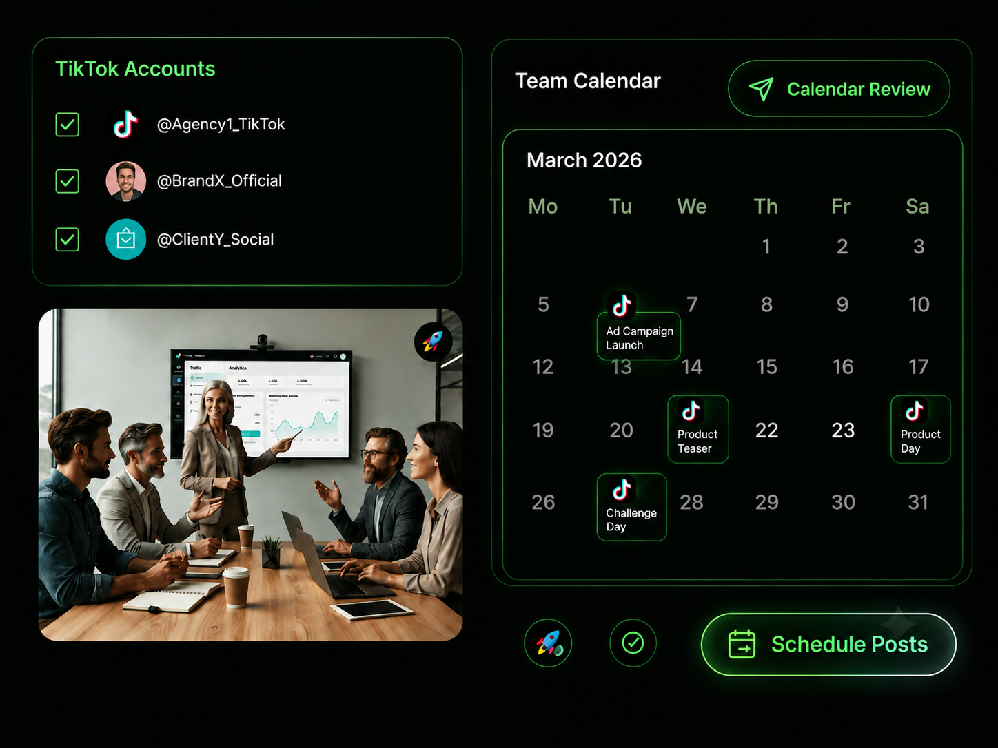 Agency team managing multiple client accounts via automated TikTok scheduler