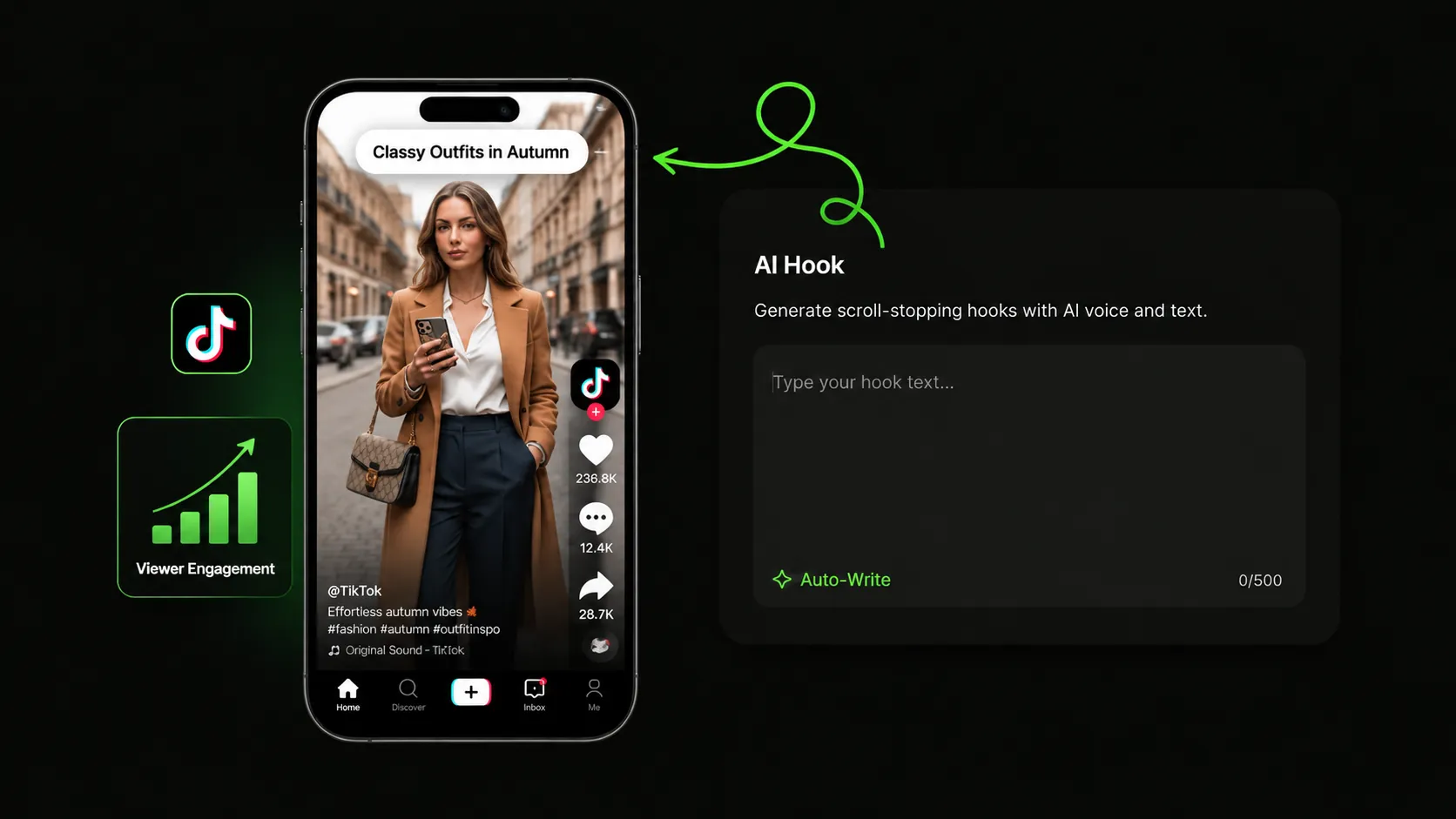 WayinVideo AI hook creator for TikTok dashboard with AI voiceover and captions
