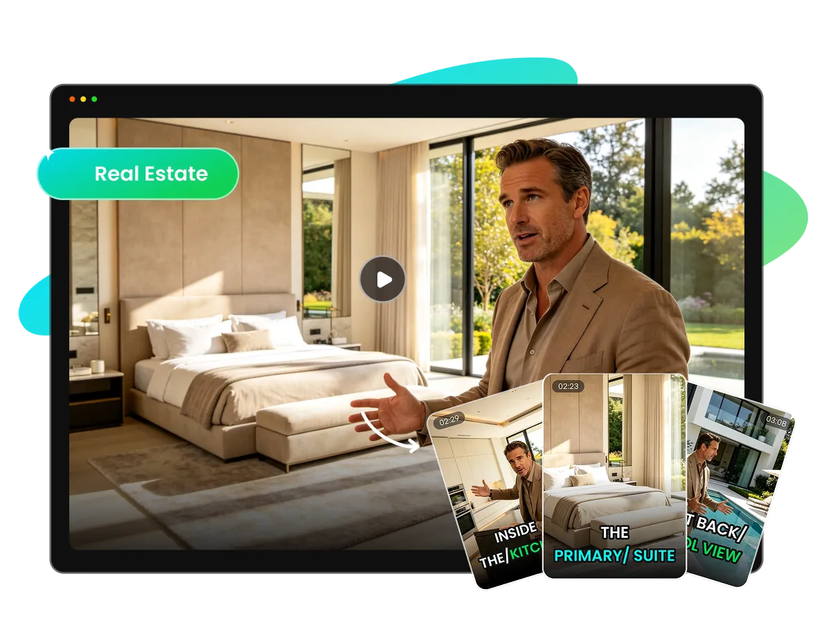 AI video clipping turning a real estate home tour into vertical short videos for Reels , Shorts and TikTok