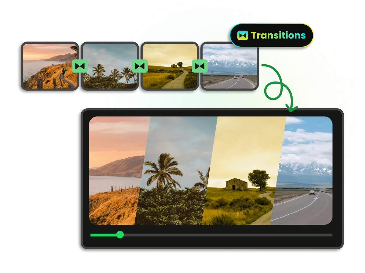 Professional video editing transitions connecting video clips