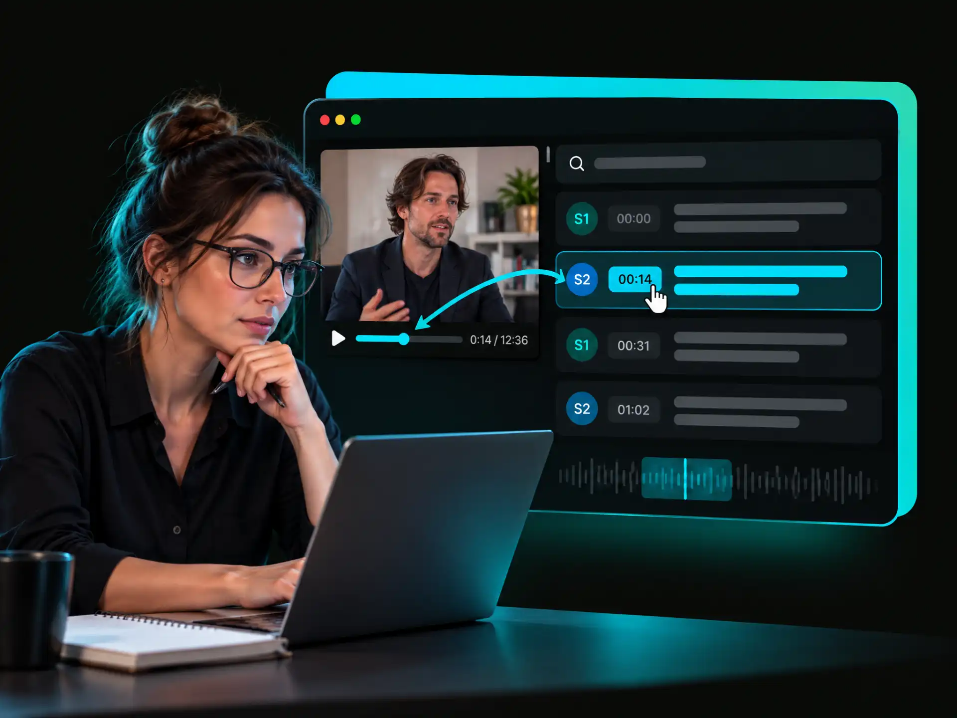 Timestamped transcript with speaker labels for X video interview transcription.