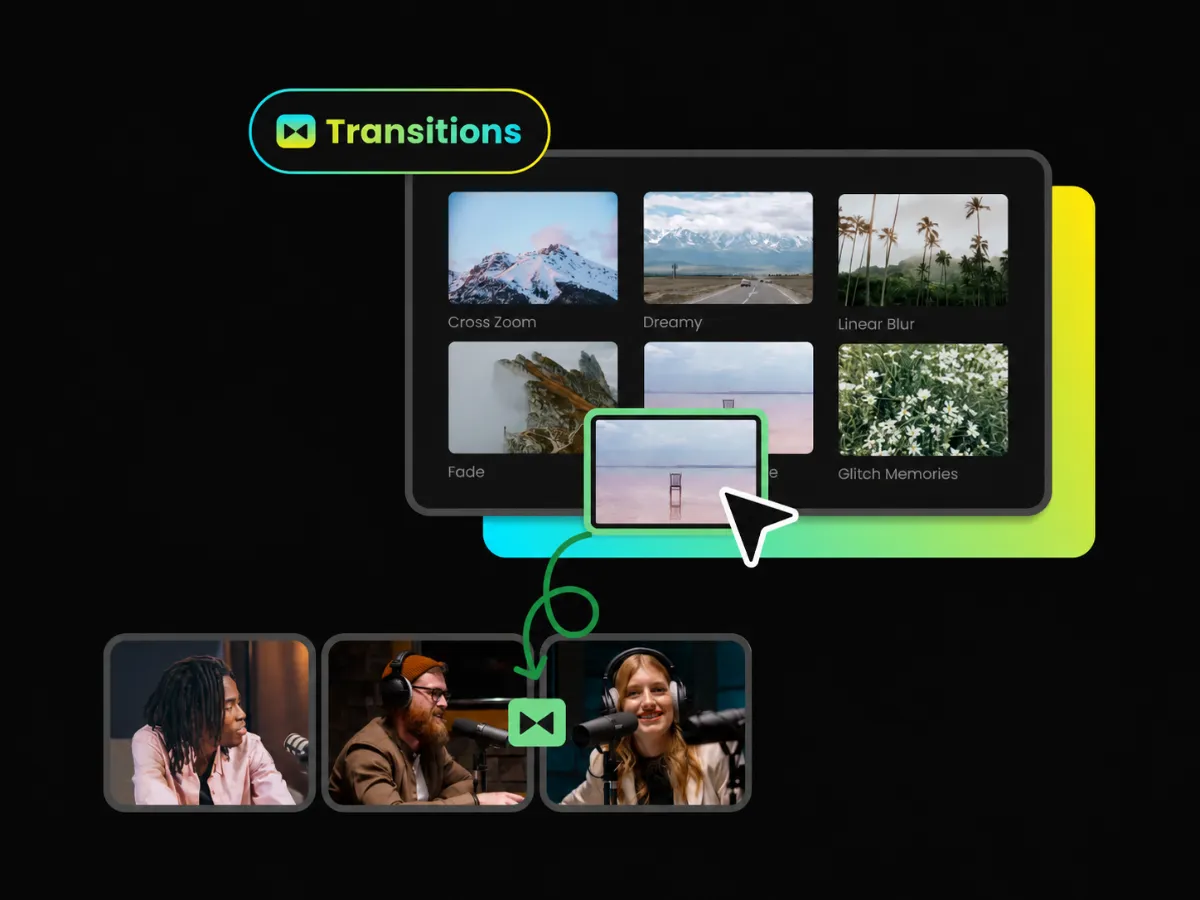 Drag and drop video transitions on editing timeline