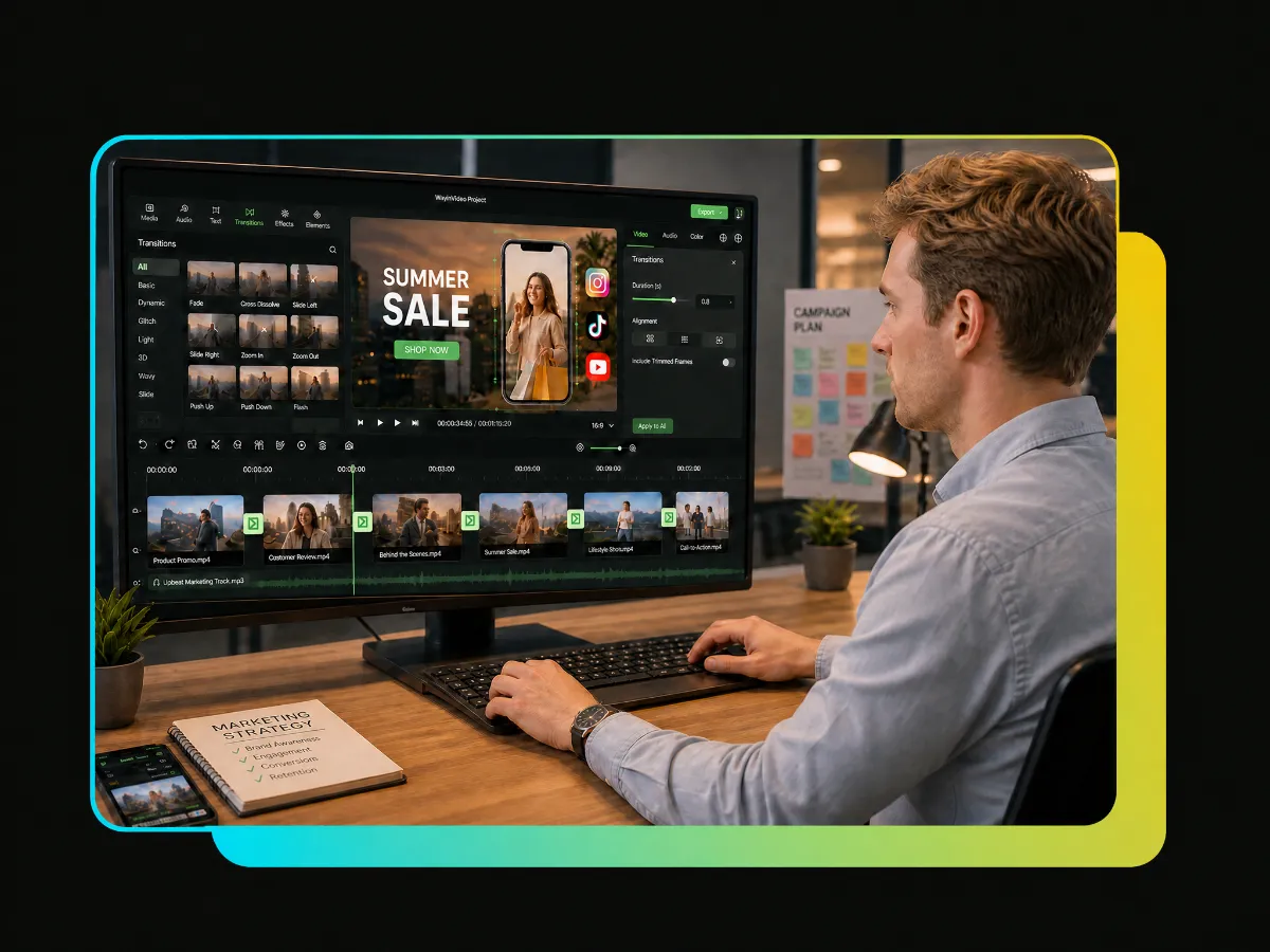 Marketing team creating professional video content with transitions