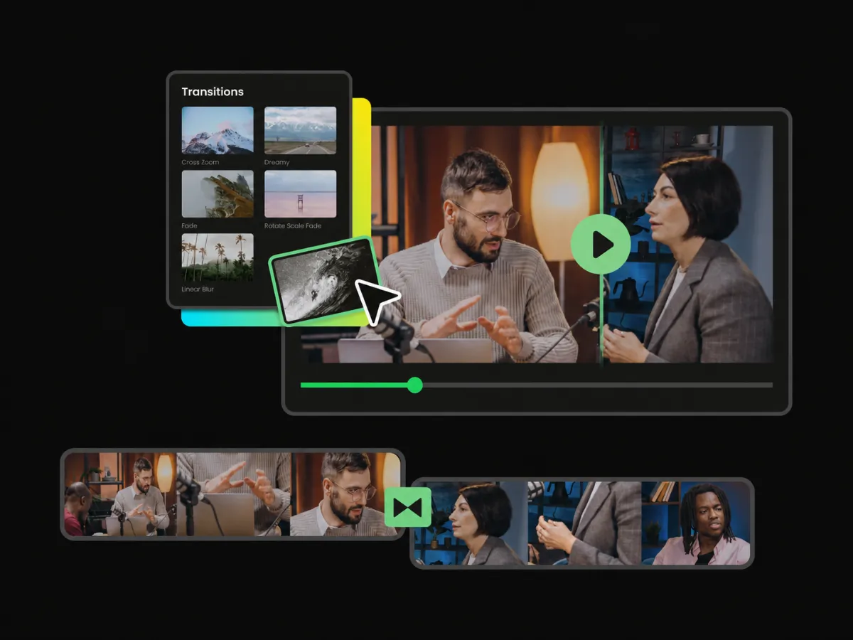 Multiple transitions video effects including fade, dreamy, mosaic, and zoom styles