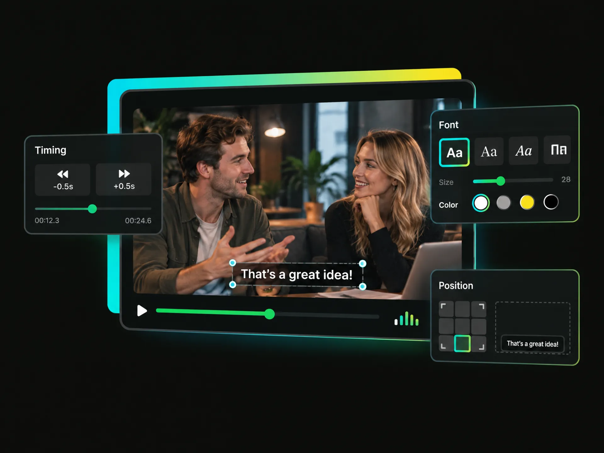 Add subtitles to video online free with adjustable timing, font, and position.
