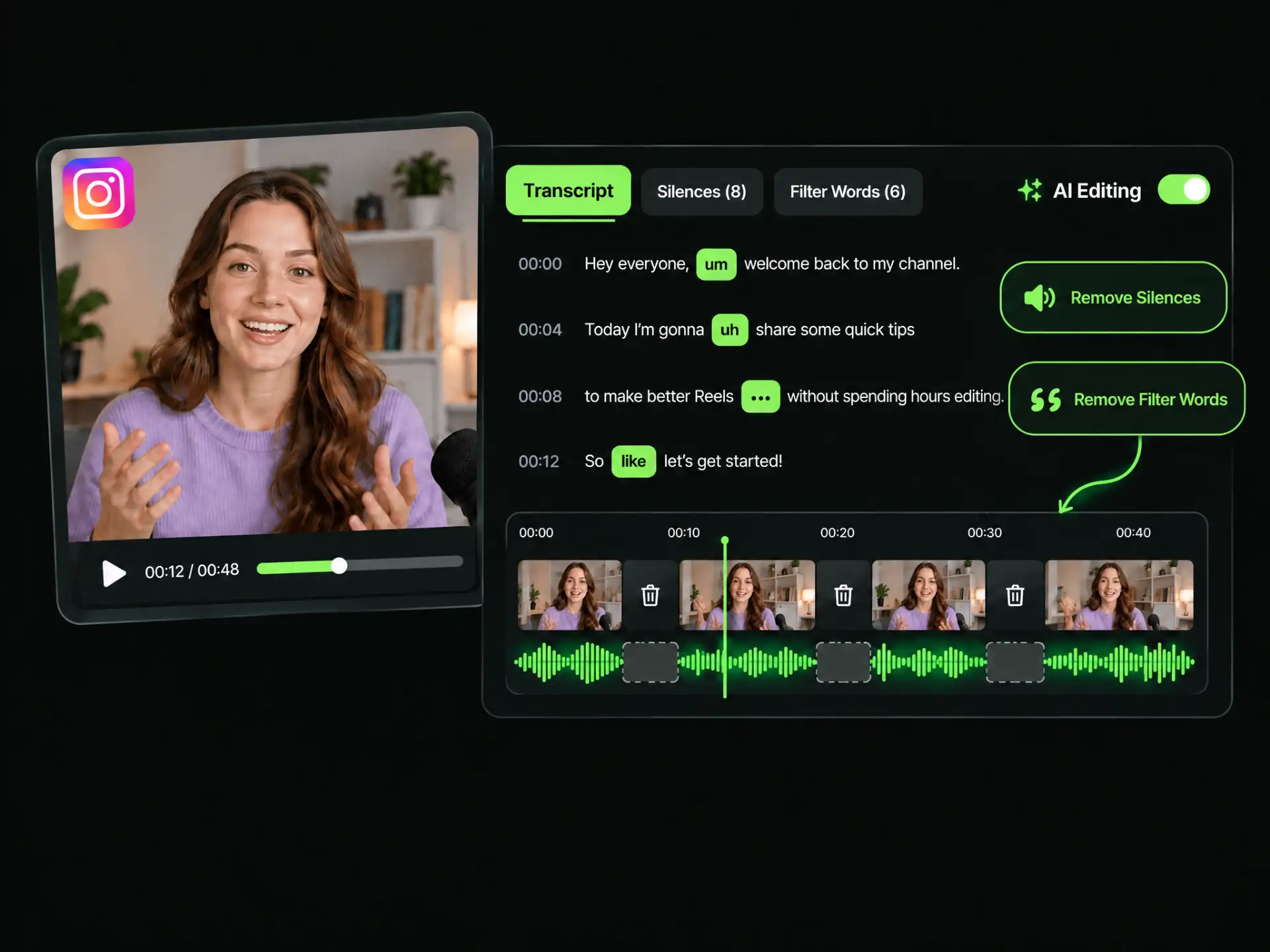 WayinVideo editing interface highlighting pauses and filler words for removal from a video.