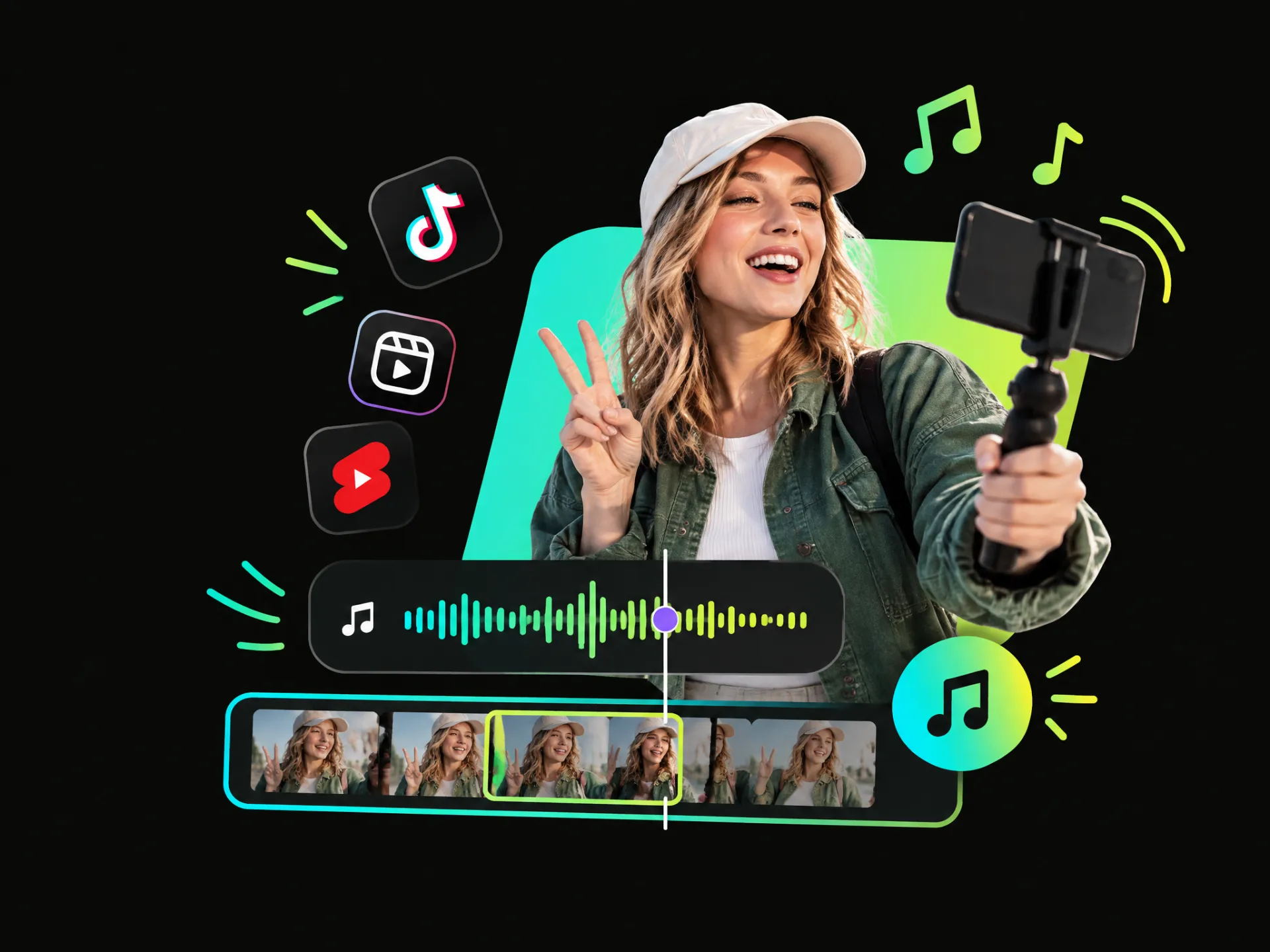 Content creator adding music to video clips for Shorts, Reels, and TikTok