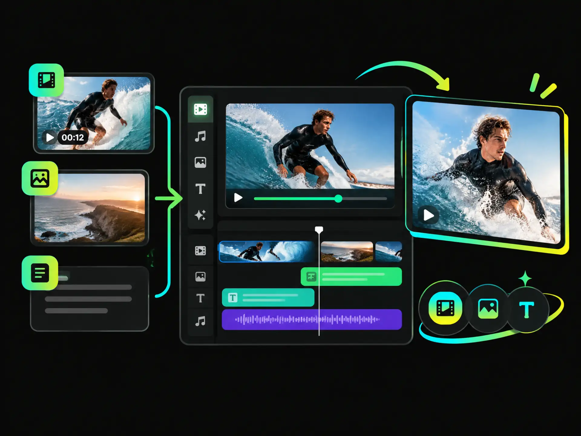 Free video maker interface showing video clips and text ideas as different starting points for video creation