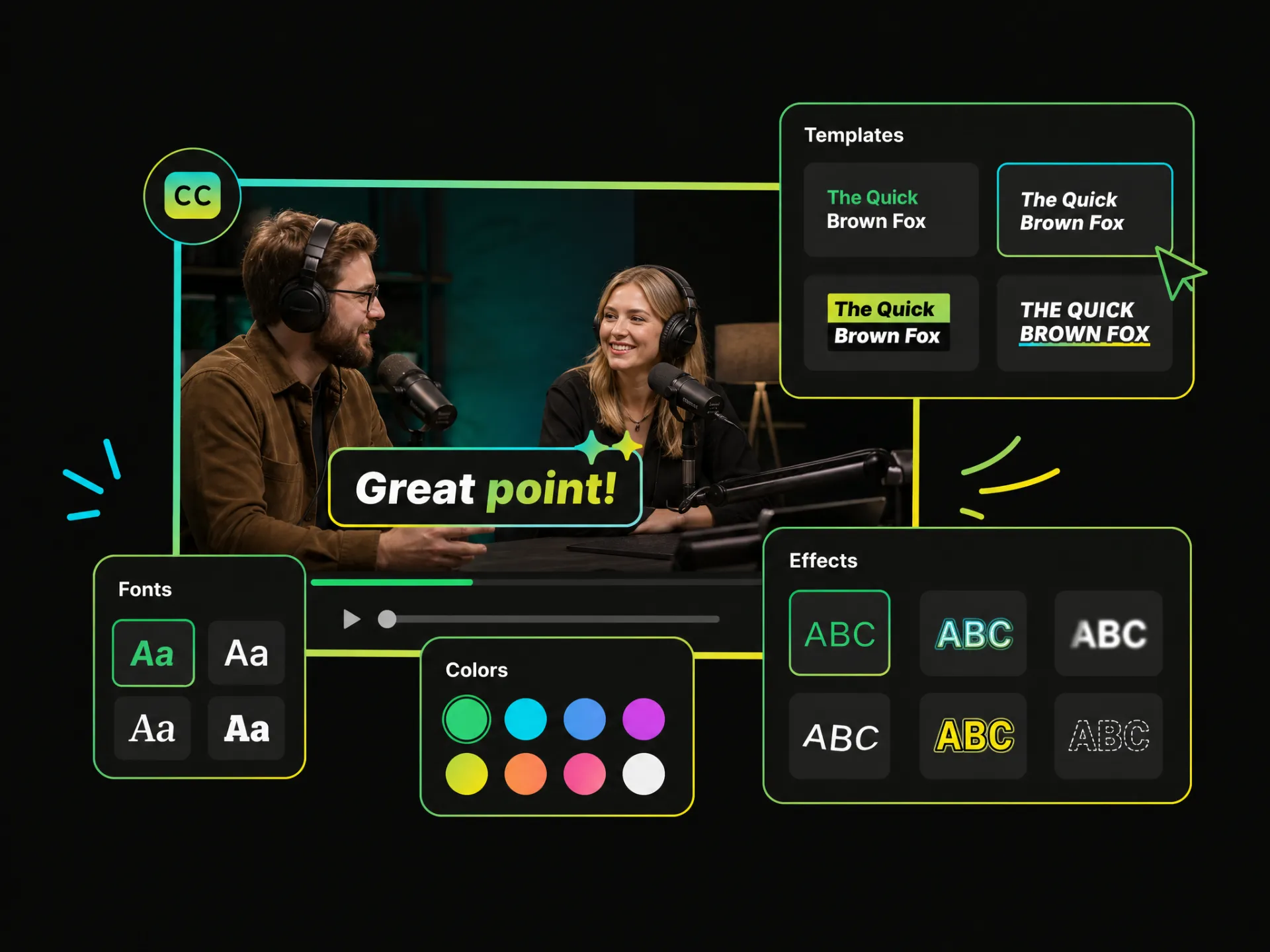 caption editor with templates, animated styles, and Brand Kit