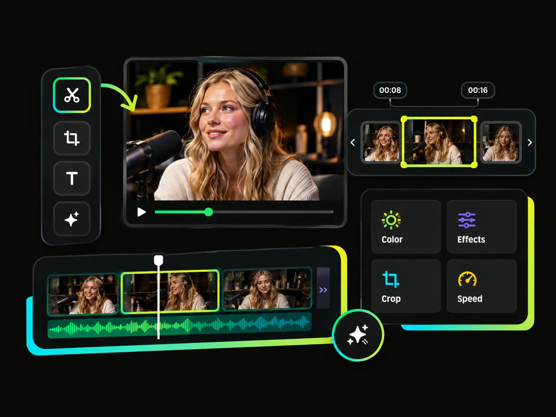 AI video maker editing interface with clip selection, timeline controls, and video customization options